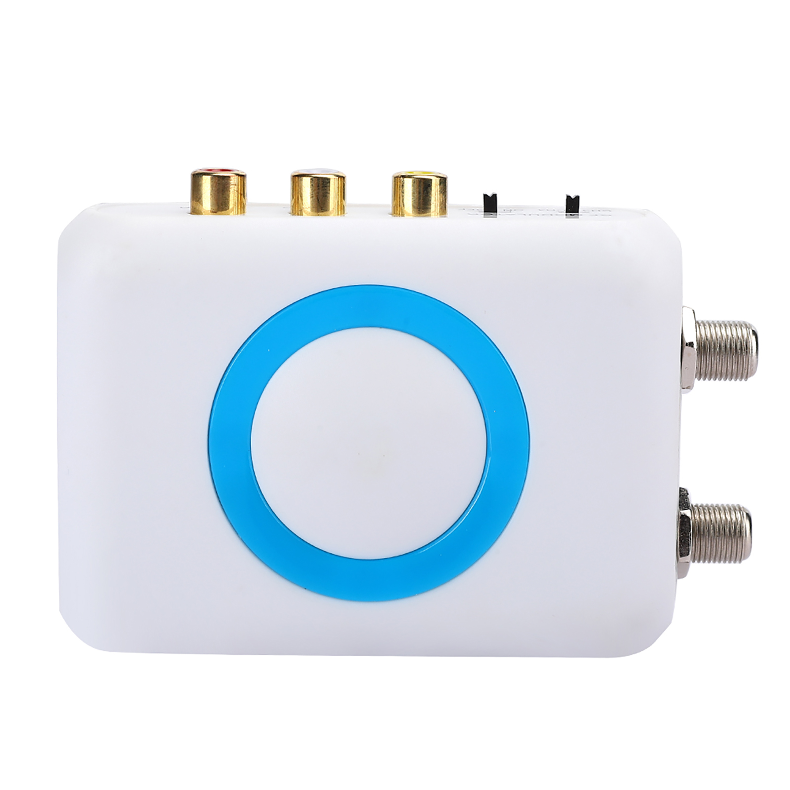 Weißer HF-Modulator mit blauem Ring. Anschlüsse und Schalter. Weißer Hintergrund. Draufsicht.