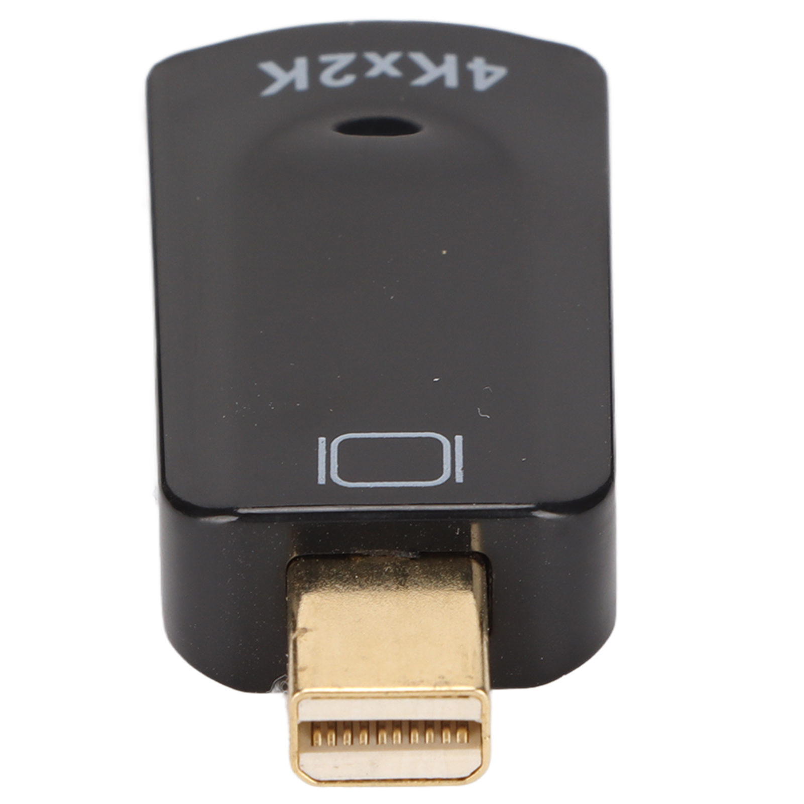 Schwarzer Adapter mit Mini-DP-Anschluss. Text '4Kx2K' ist geschrieben. Der Anschluss ist goldfarben.