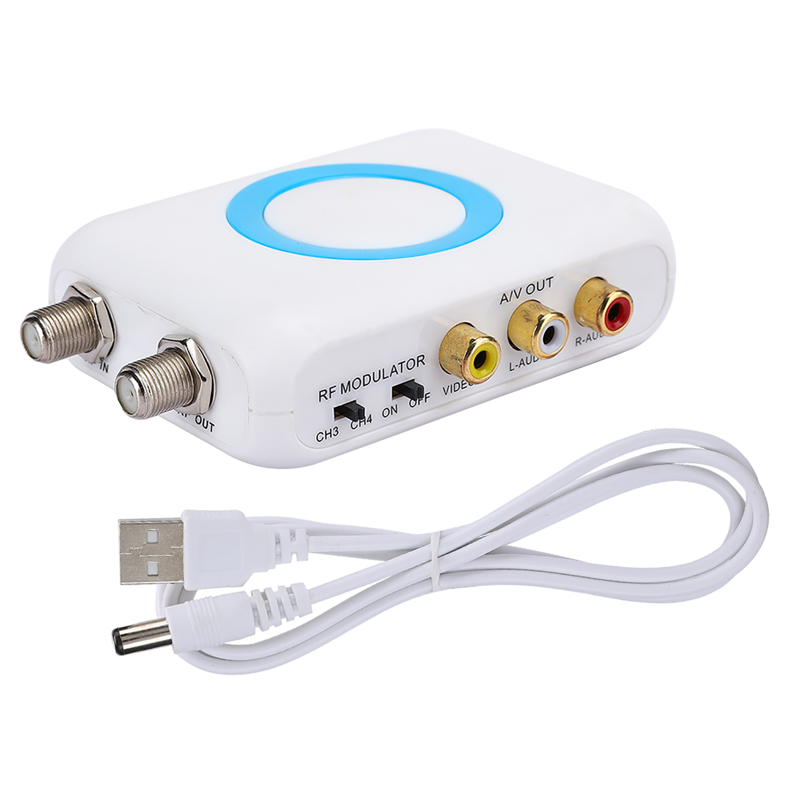 Weißer HF-Modulator mit blauem Ring und angebrachtem weißen Kabel mit USB- und DC-Anschlüssen.