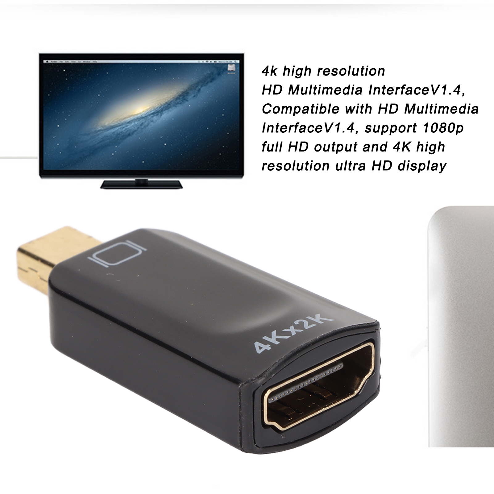 Schwarzer HDMI-Adapter mit goldfarbenem Stecker. Im Hintergrund ein Bildschirm mit Galaxienbild.
