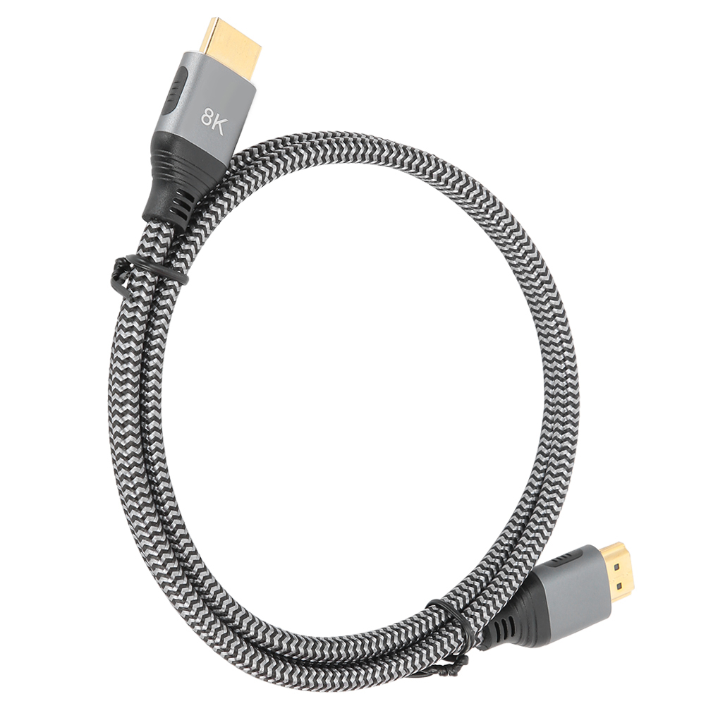 Ein schwarz-graues HDMI-Kabel mit 8K-Text auf dem Stecker.