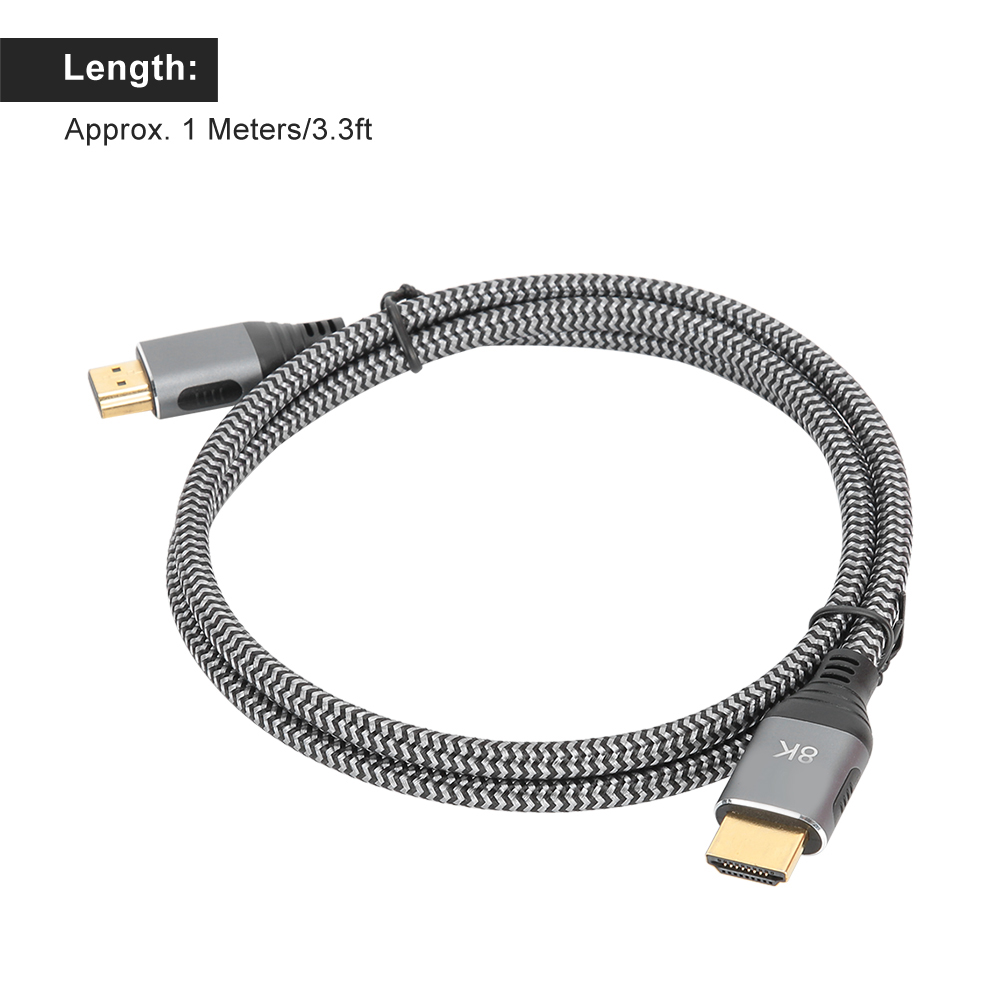 Ein 8K-HDMI-Kabel mit grauen Anschlüssen in kreisförmiger Form. Weißer Hintergrund.