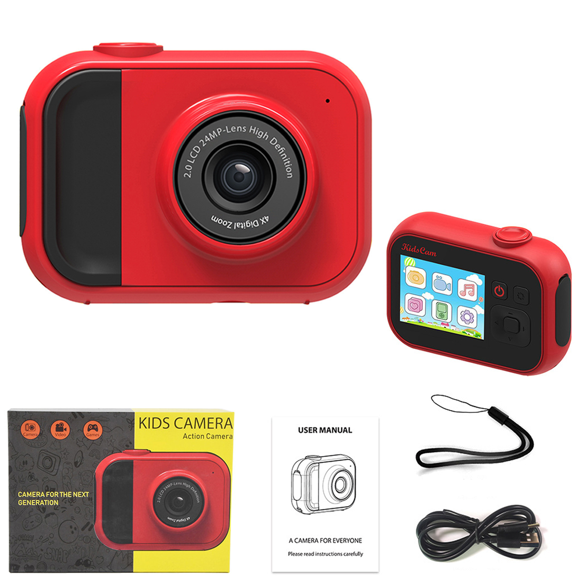 Una fotocamera rossa per bambini con accessori. Fotocamera, manuale, cinturino e cavo.