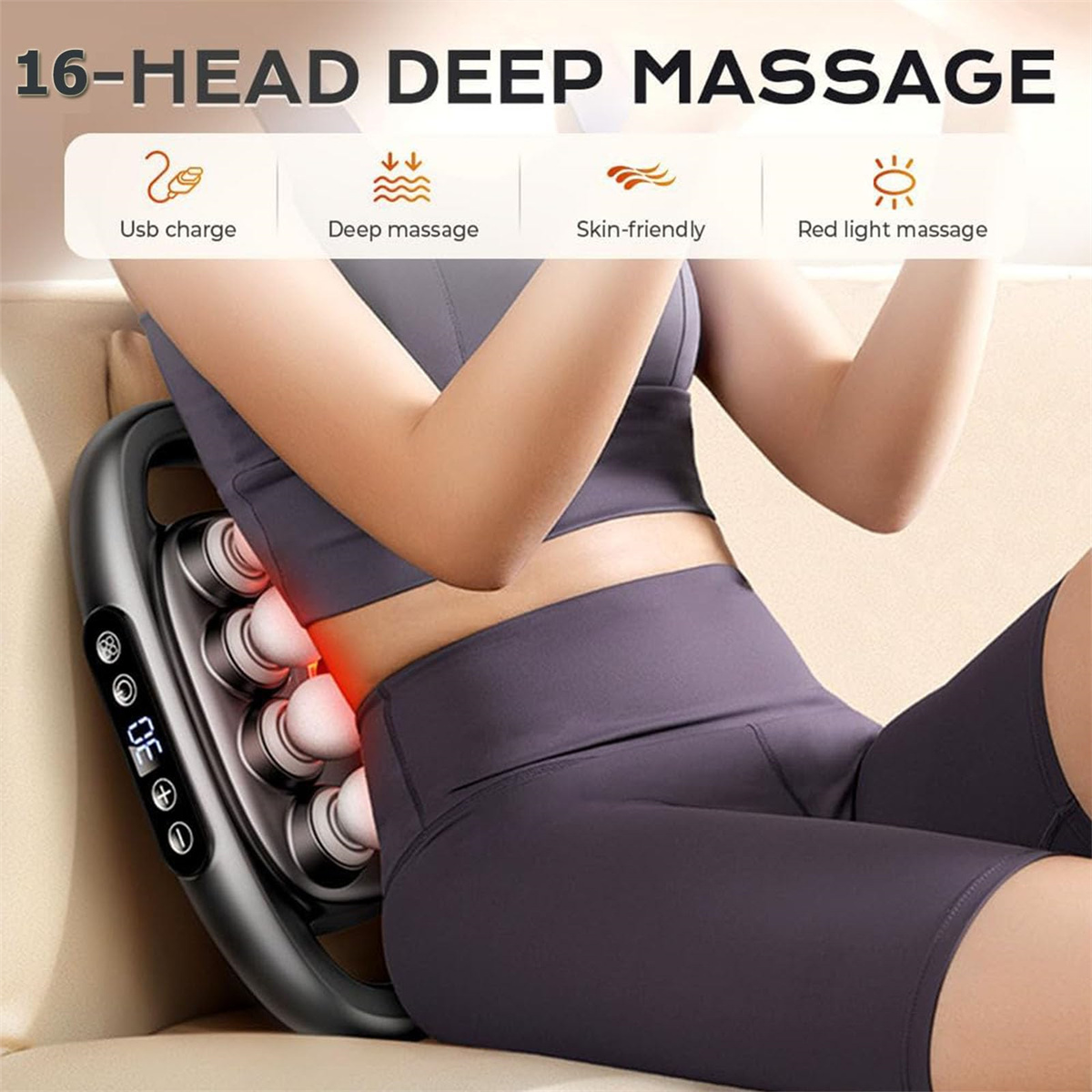 Eine Person benutzt ein schwarzes Massagegerät auf ihrem Rücken. Das Gerät hat mehrere Massageköpfe. Der Text sagt 16-Kopf-Tiefenmassage.