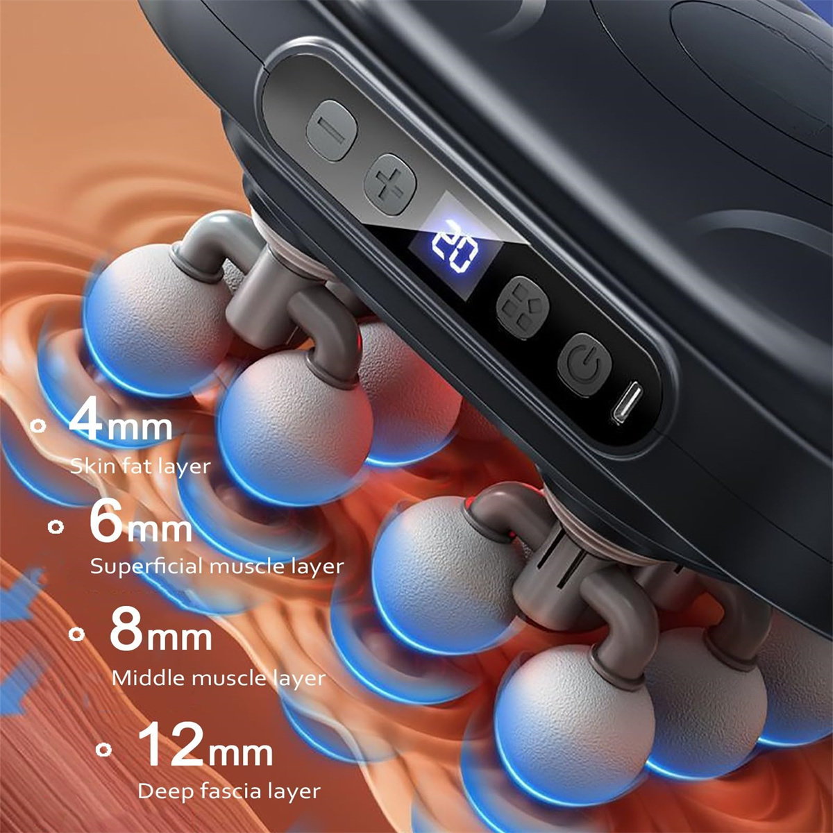 Nahaufnahme eines schwarzen Massagegeräts mit mehreren Massageköpfen und einem LCD-Bildschirm, vor einem orangefarbenen Hintergrund.