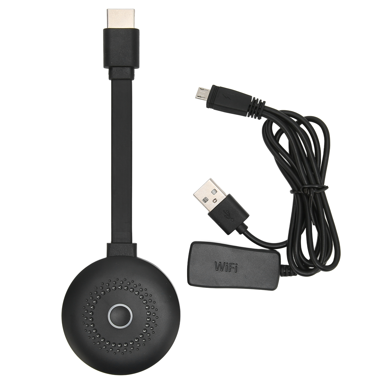 Schwarzes Gerät mit USB-C- und Micro-USB-Kabel. Enthält auch einen WLAN-Adapter.