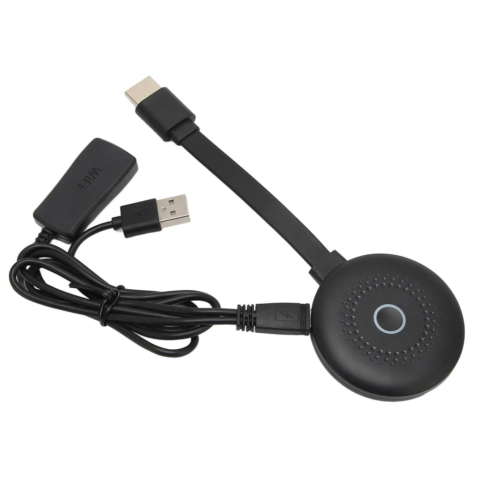 Ein schwarzes Gerät mit mehreren Anschlüssen und einem USB-Anschluss. Es hat ein kreisförmiges Design mit einem zentralen Knopf.