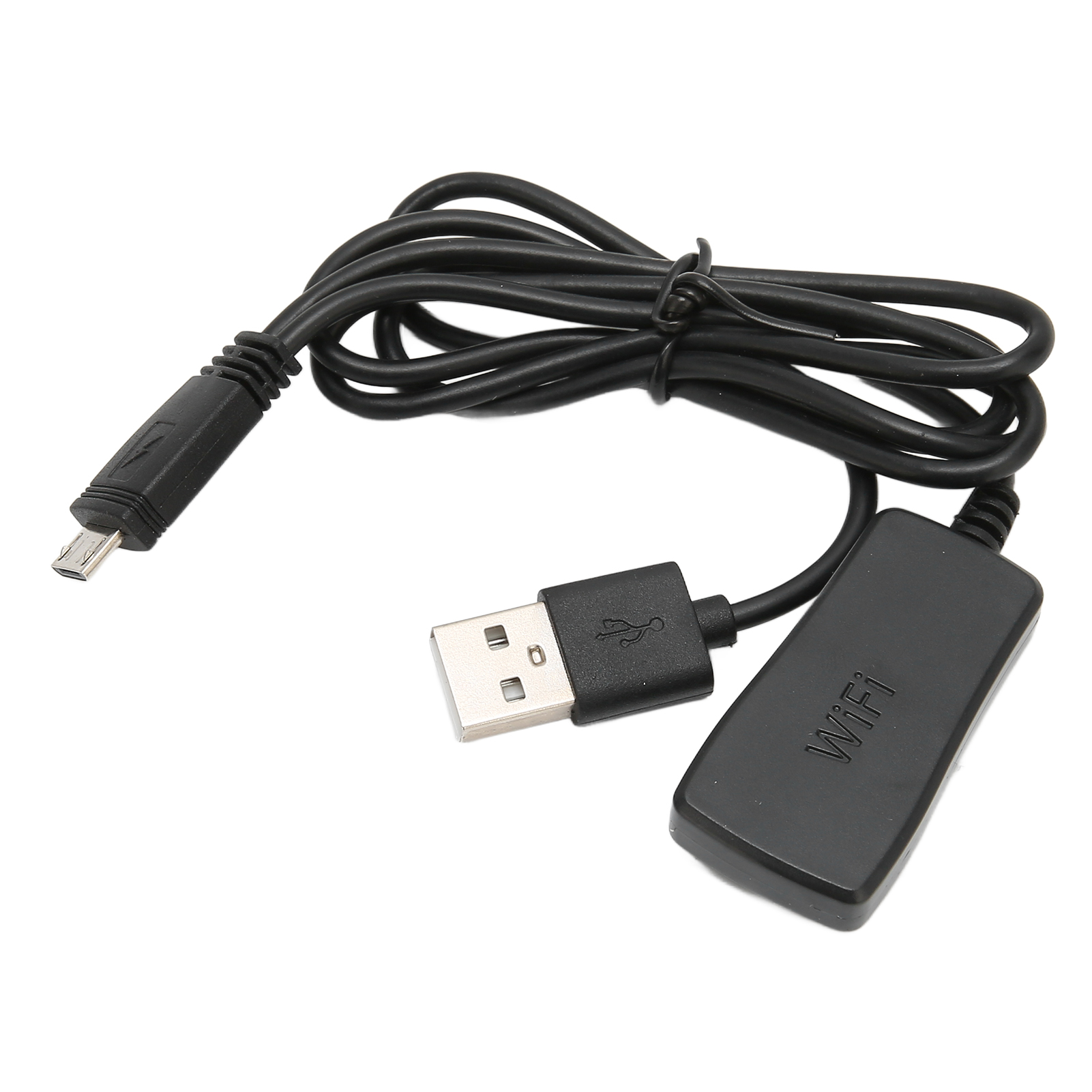 Ein schwarzes Kabel mit verschiedenen Anschlüssen. Es gibt einen USB- und einen WiFi-Anschluss.