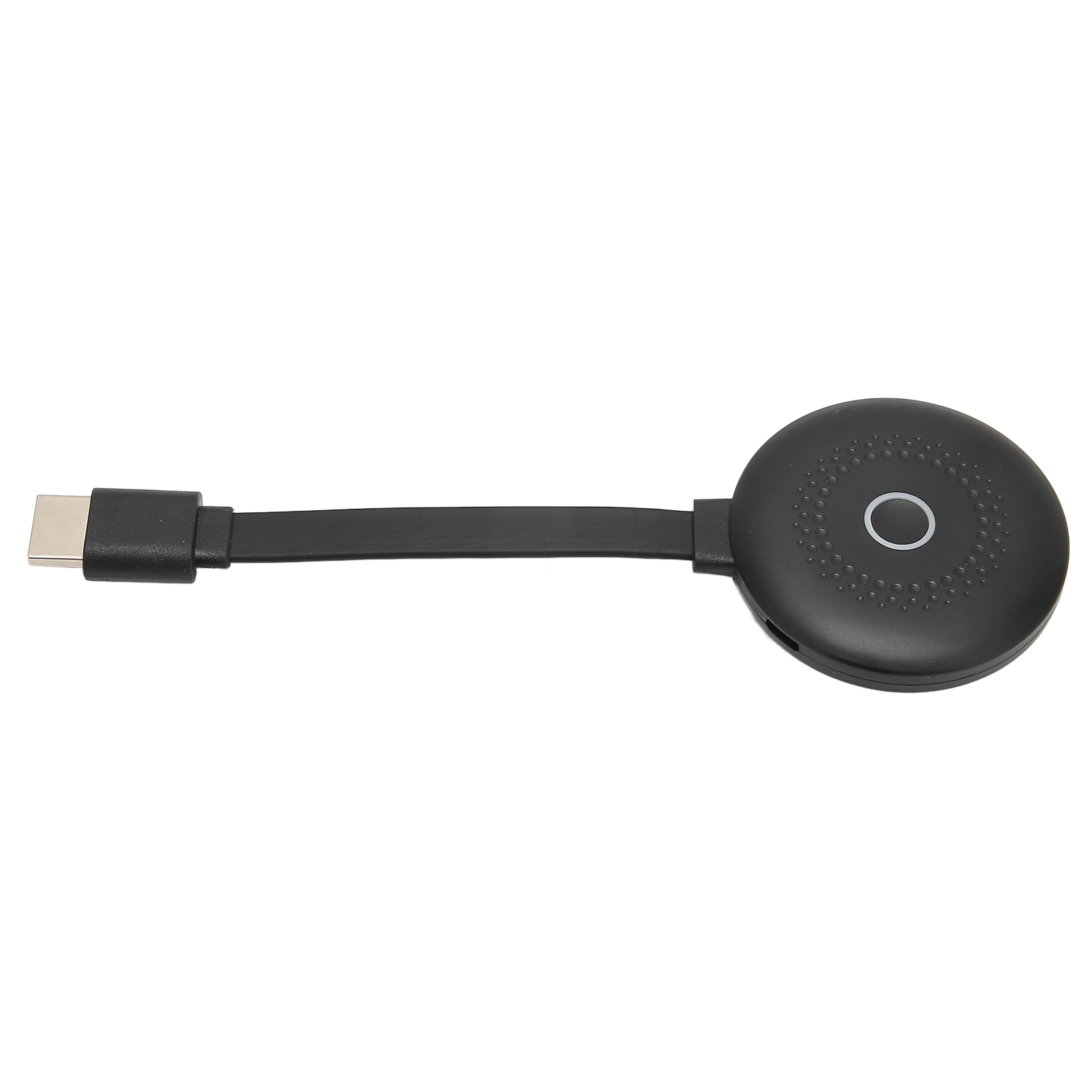 Ein schwarzes rundes Gerät mit Kabel und USB-C-Anschluss.