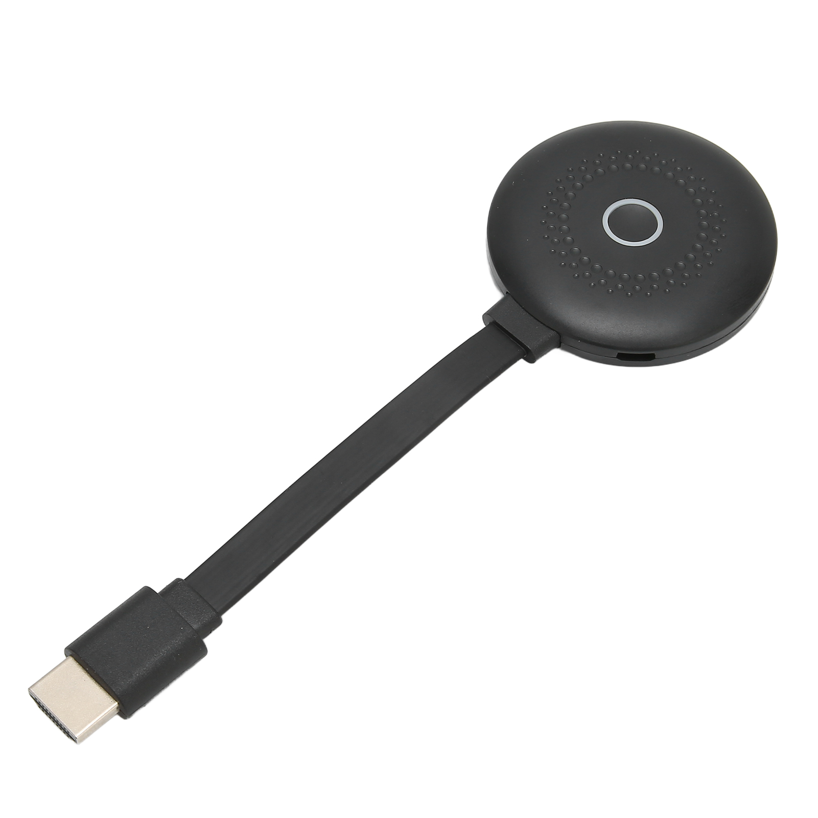 Ein schwarzes rundes Gerät mit angeschlossenem Kabel. Es hat einen USB-C-Anschluss und einen Knopf oben.