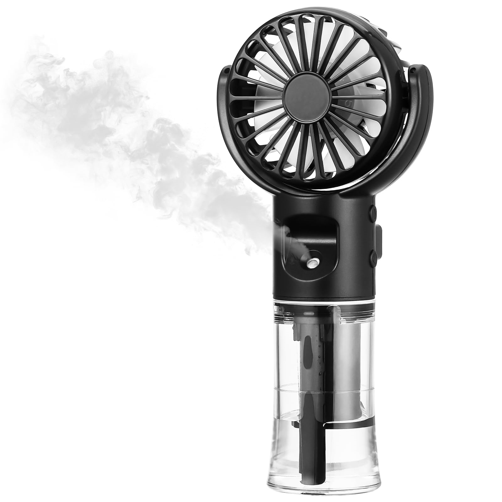 Ein schwarzer und klarer Ventilator mit Wasserbehälter, der nach links ausnebelt.