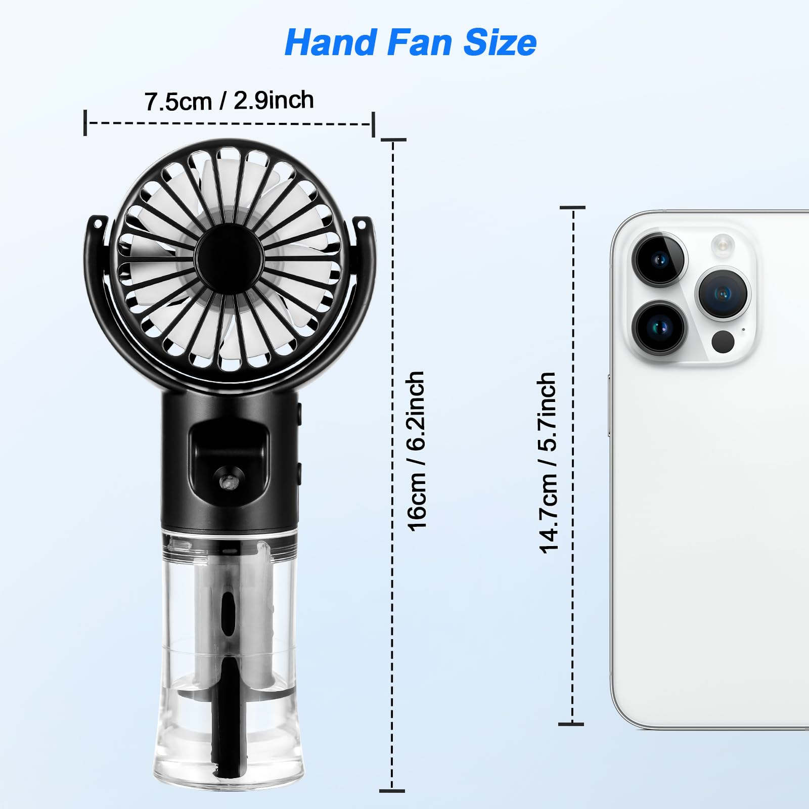 Ein schwarz-weißer Handventilator mit Abmessungen neben einem weißen Telefon.
