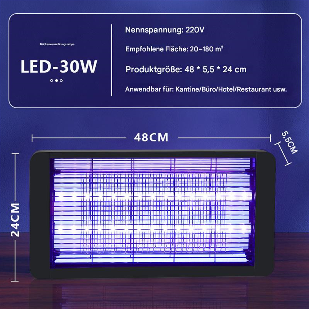 Ein rechteckiger LED-30W-Moskitokiller mit Abmessungen und Spezifikationen. Text auf Deutsch.