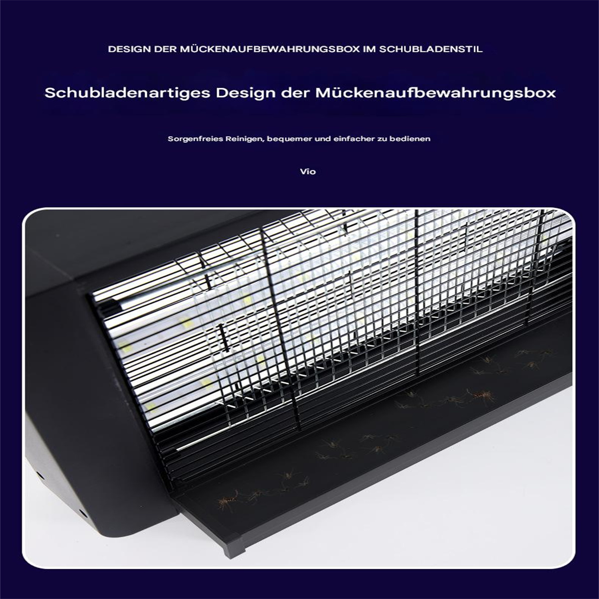 Ein schwarzer Mückenvernichter mit schubladenartigem Design und Textüberlagerungen auf einer weißen Oberfläche.