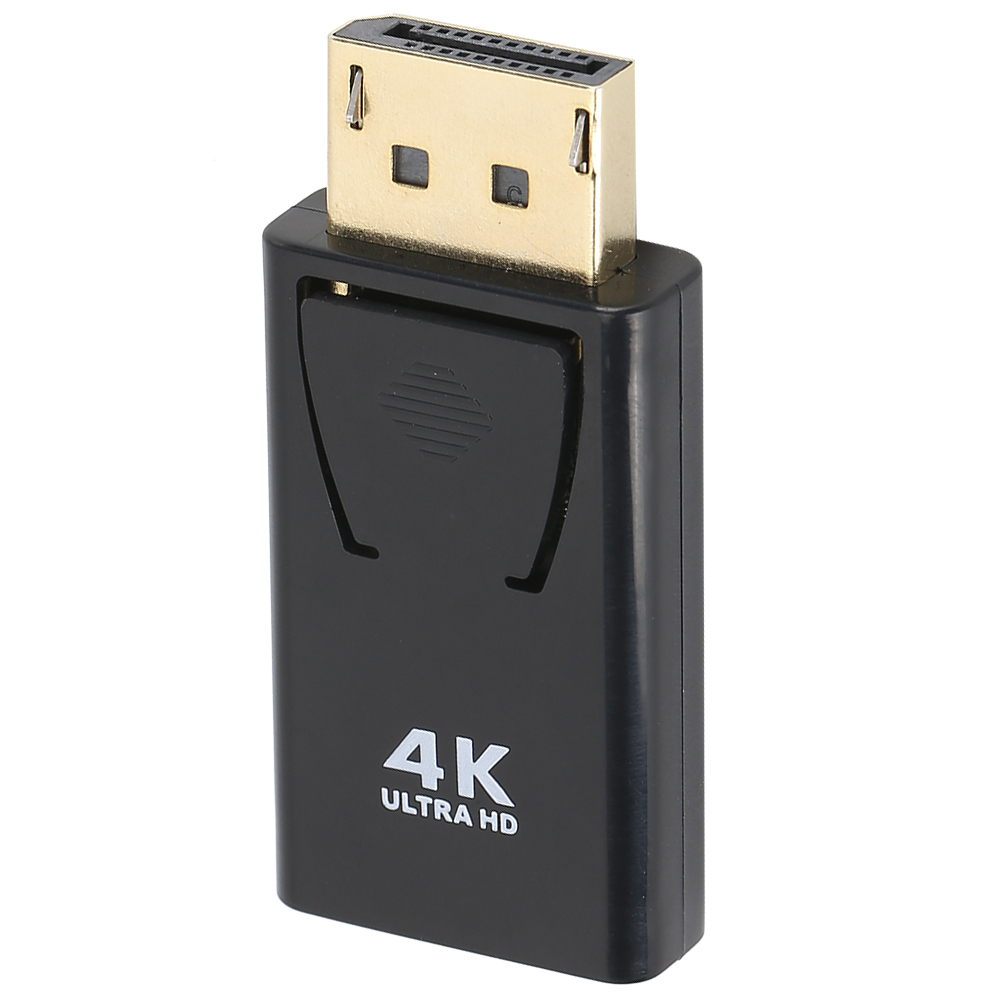 Ein schwarzer Adapter mit einem goldenen DisplayPort, beschriftet mit „4K Ultra HD“.