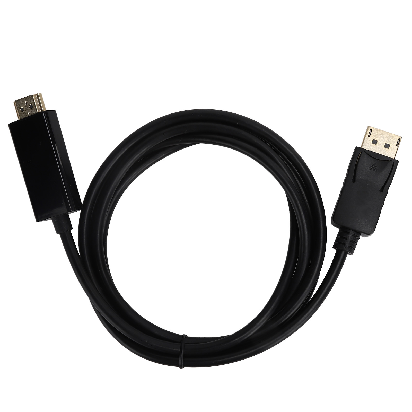 Schwarzes HDMI-zu-DisplayPort-Kabel, auf weißem Hintergrund aufgerollt.