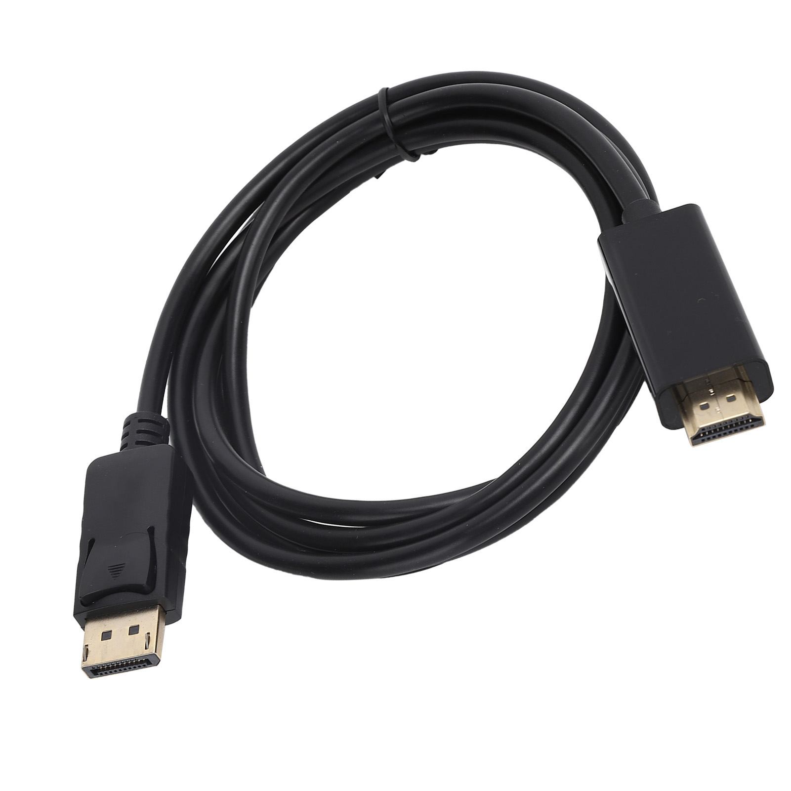 Schwarzes DisplayPort-zu-HDMI-Kabel, auf weißem Hintergrund aufgerollt.