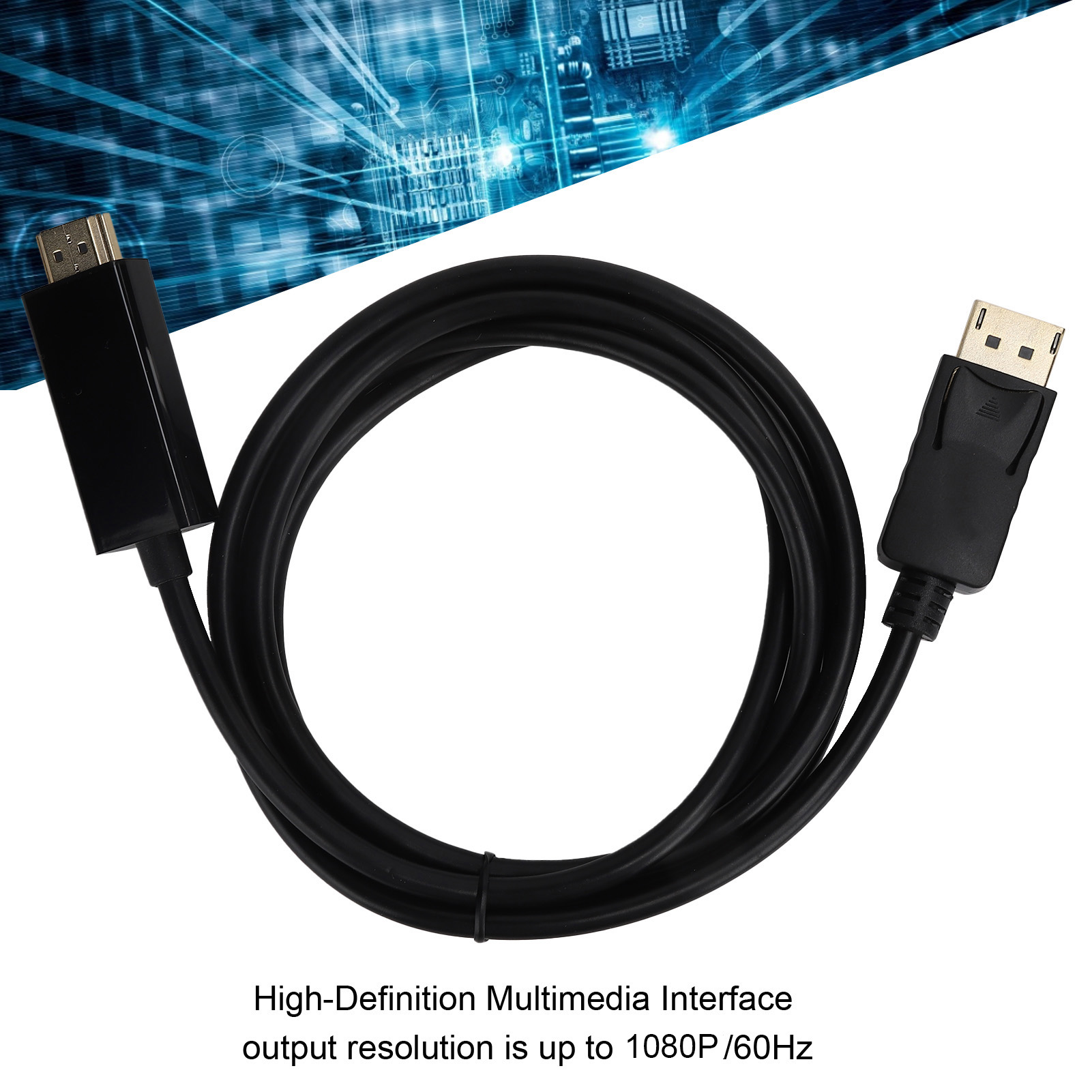 Schwarzes HDMI-zu-DisplayPort-Kabel, aufgerollt, vor blauem Hintergrund.