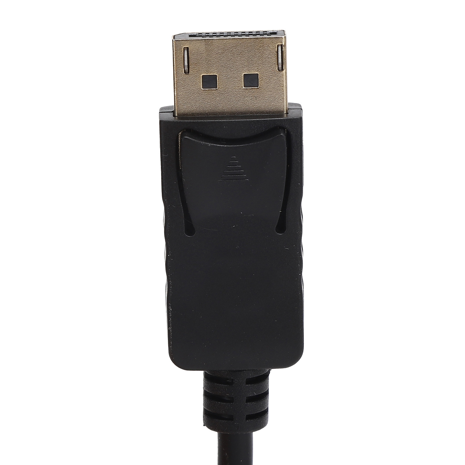Schwarzer DisplayPort-Anschluss mit Verriegelungsmechanismus, Nahaufnahme.