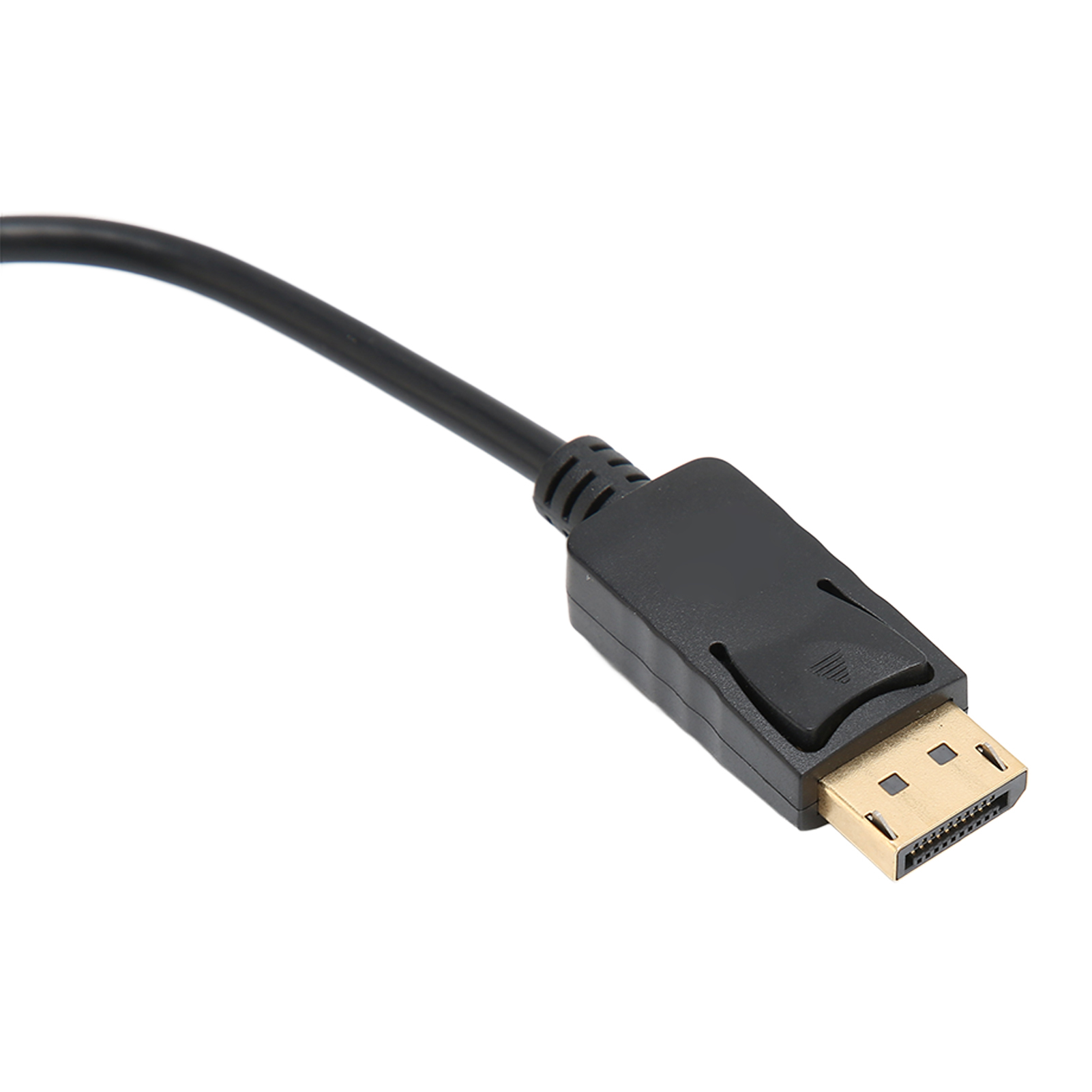 Schwarzer DisplayPort-Anschluss mit Kabel, Winkelaufnahme, goldene Pins sichtbar.