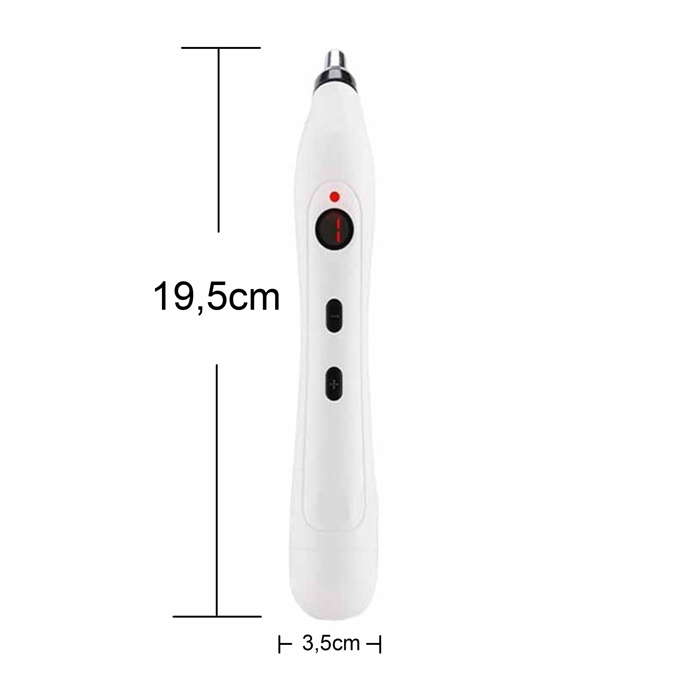Weißer Akupunkturstift mit Maßen, roter Lichtanzeige und Knöpfen.