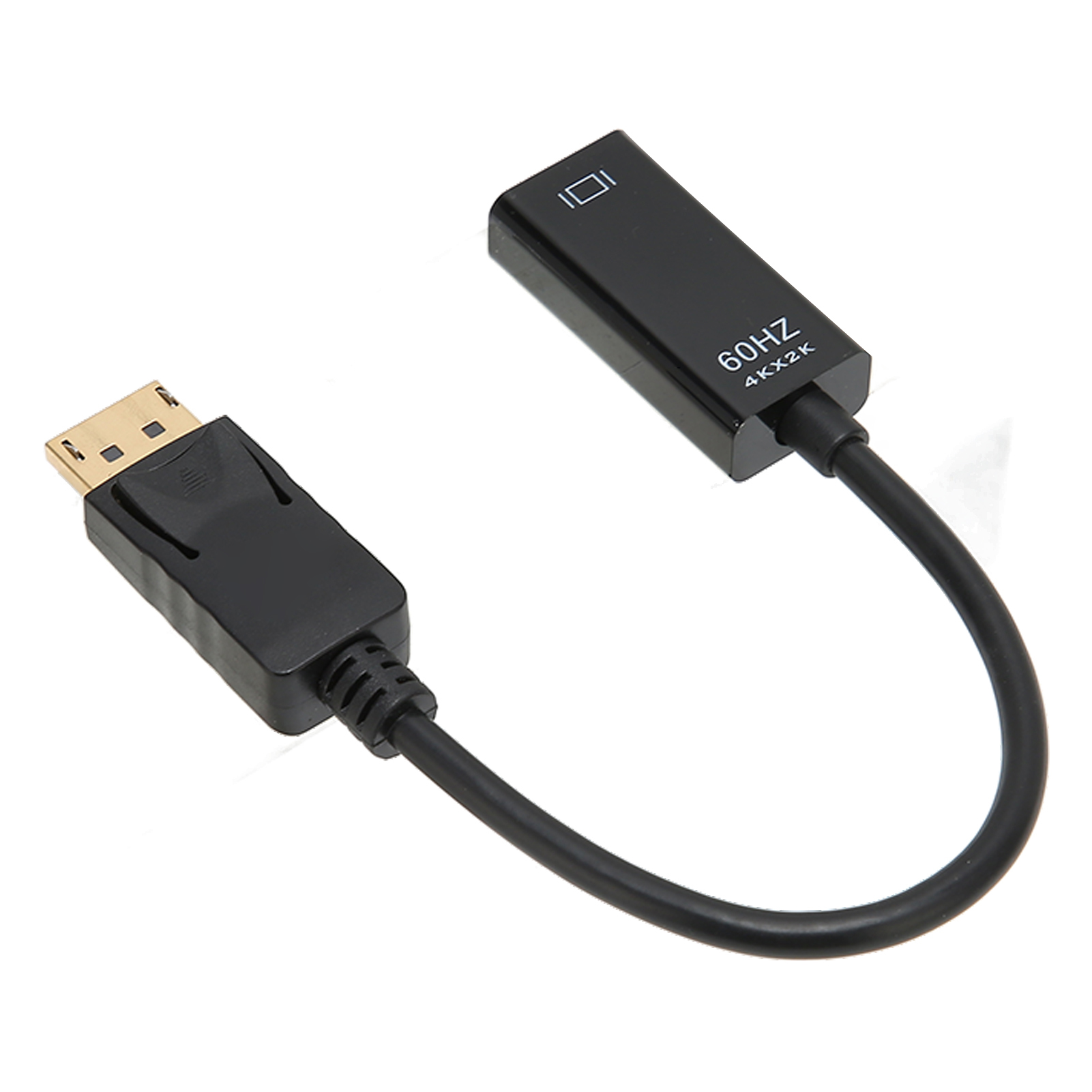 Schwarzer DisplayPort-zu-HDMI-Adapter mit Kabel, 60 Hz, weißer Hintergrund.