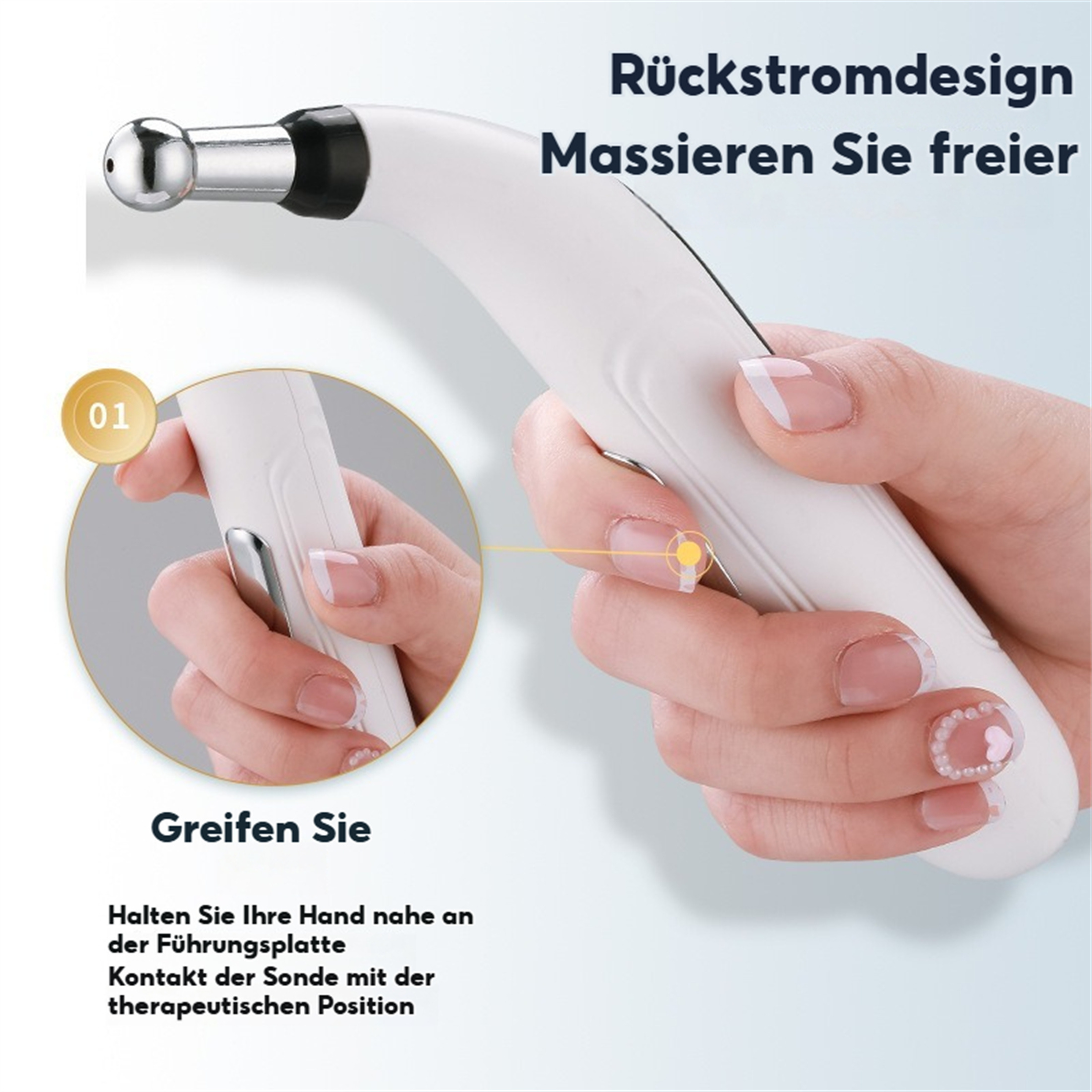 Eine Hand hält ein weißes Gerät mit Metallspitze. Deutscher Text beschreibt die Verwendung.