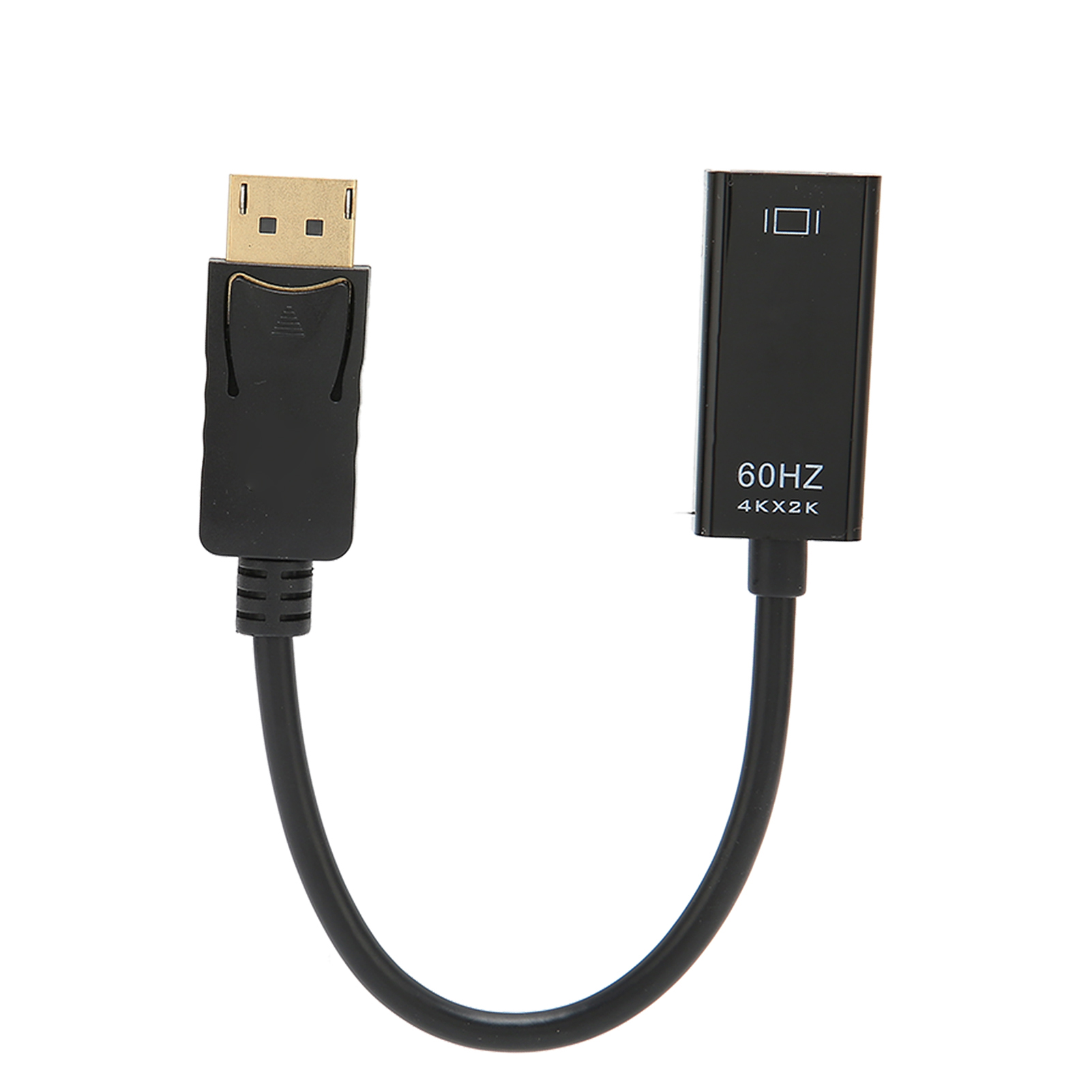 Schwarzer DisplayPort-zu-HDMI-Adapter mit Kabel, 60 Hz, weißer Hintergrund.
