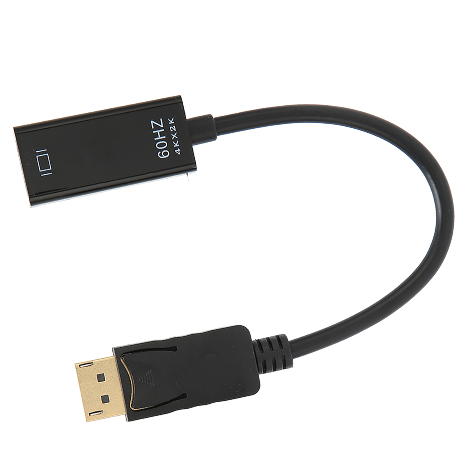 Ein schwarzes Kabel mit DisplayPort-Anschluss und DisplayPort-zu-DisplayPort-Adapter.