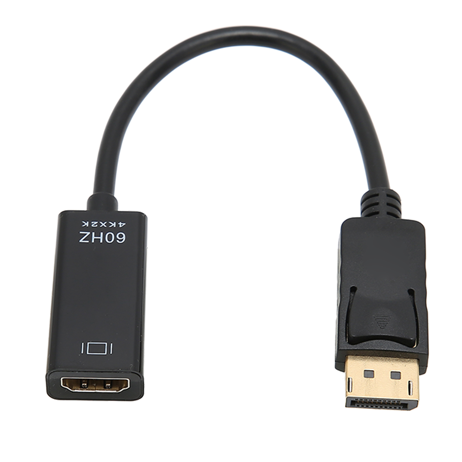 Schwarzer HDMI-zu-DisplayPort-Adapter mit Kabel, 60 Hz, weißer Hintergrund.
