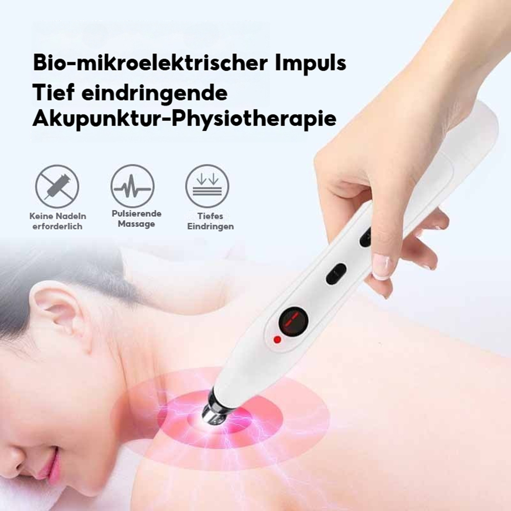 Hand benutzt Akupunkturstift am Rücken, Text, elektrische Energie.