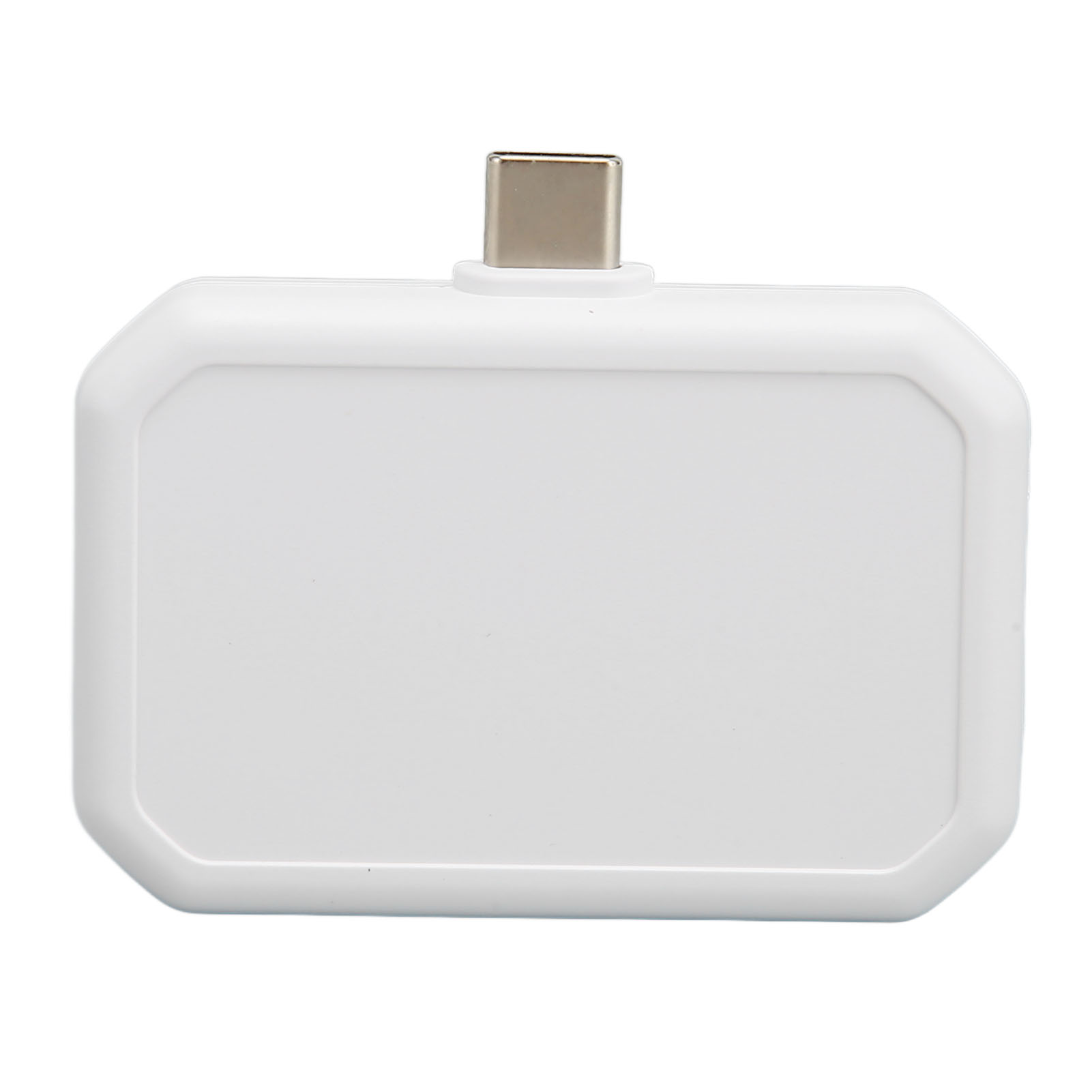 Ein weißes Gerät mit USB-C-Anschluss auf weißem Hintergrund. Rechteckige Form.
