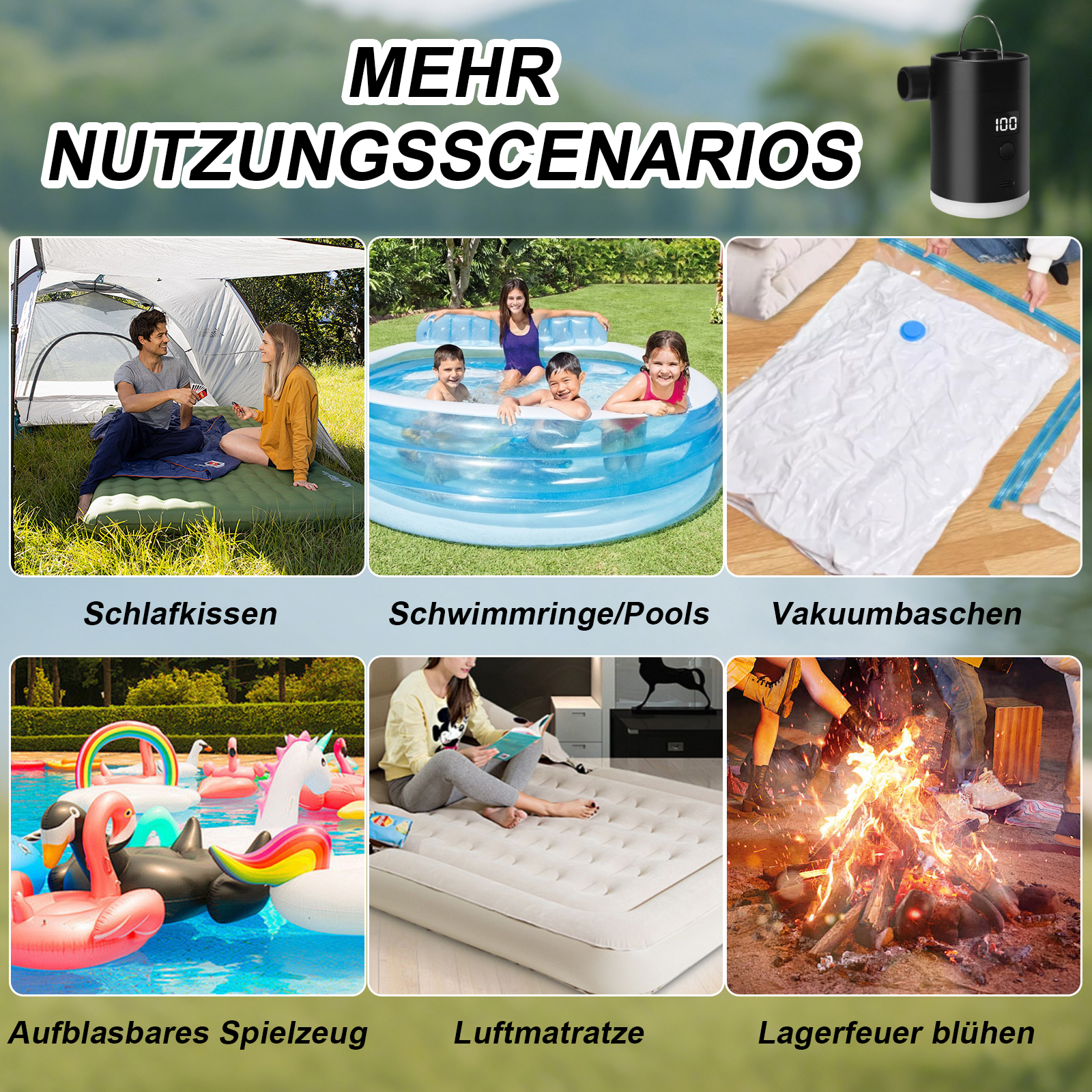 Anwendungsszenarien: Schlafkissen, Schwimmbecken, Vakuumbeutel, aufblasbares Spielzeug, Luftmatratzen und Lagerfeuer.
