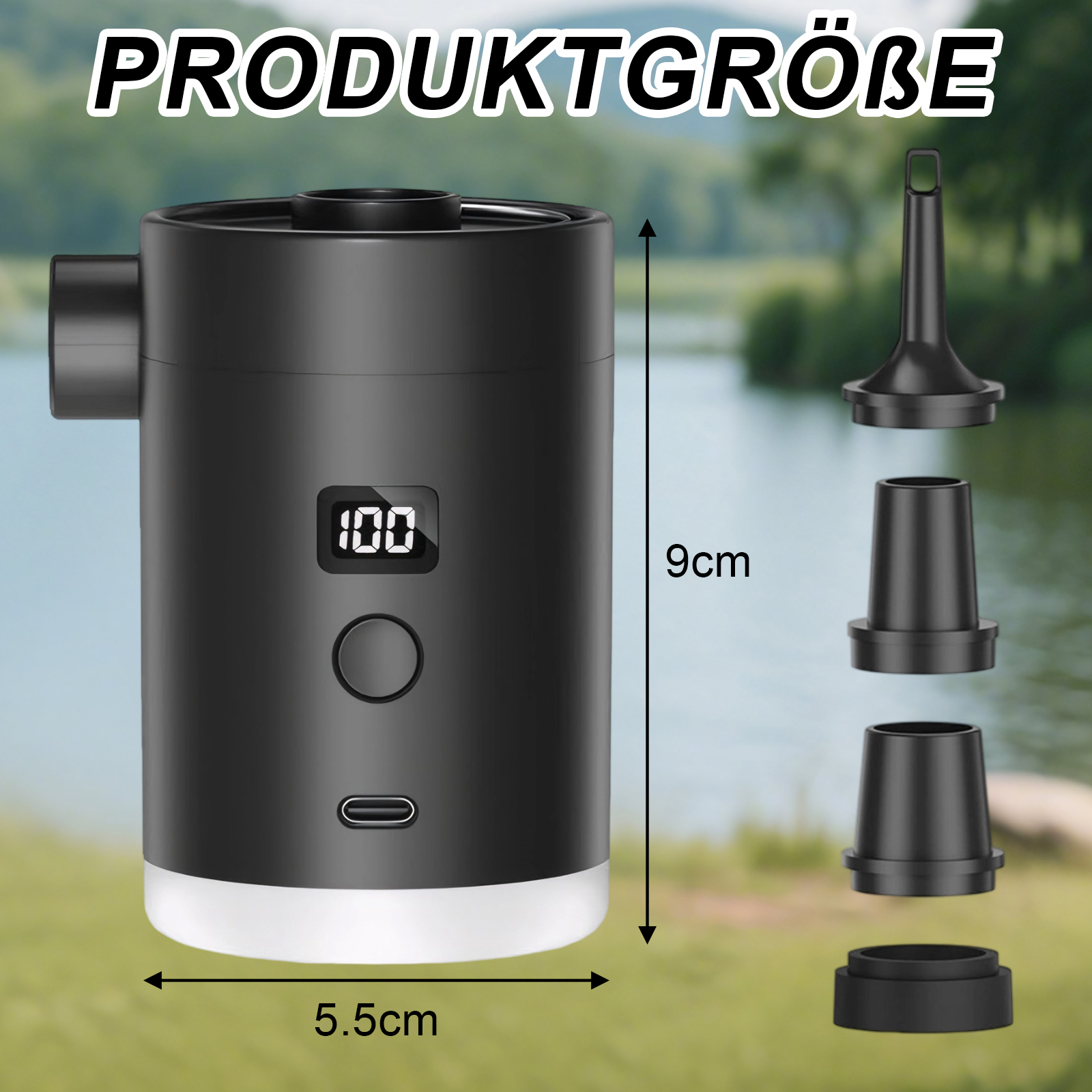 Schwarzes Gerät mit Anzeige '100' und verschiedenen Düsen. Das Gerät ist 5,5 cm breit und 9 cm hoch. Grüner Hintergrund.