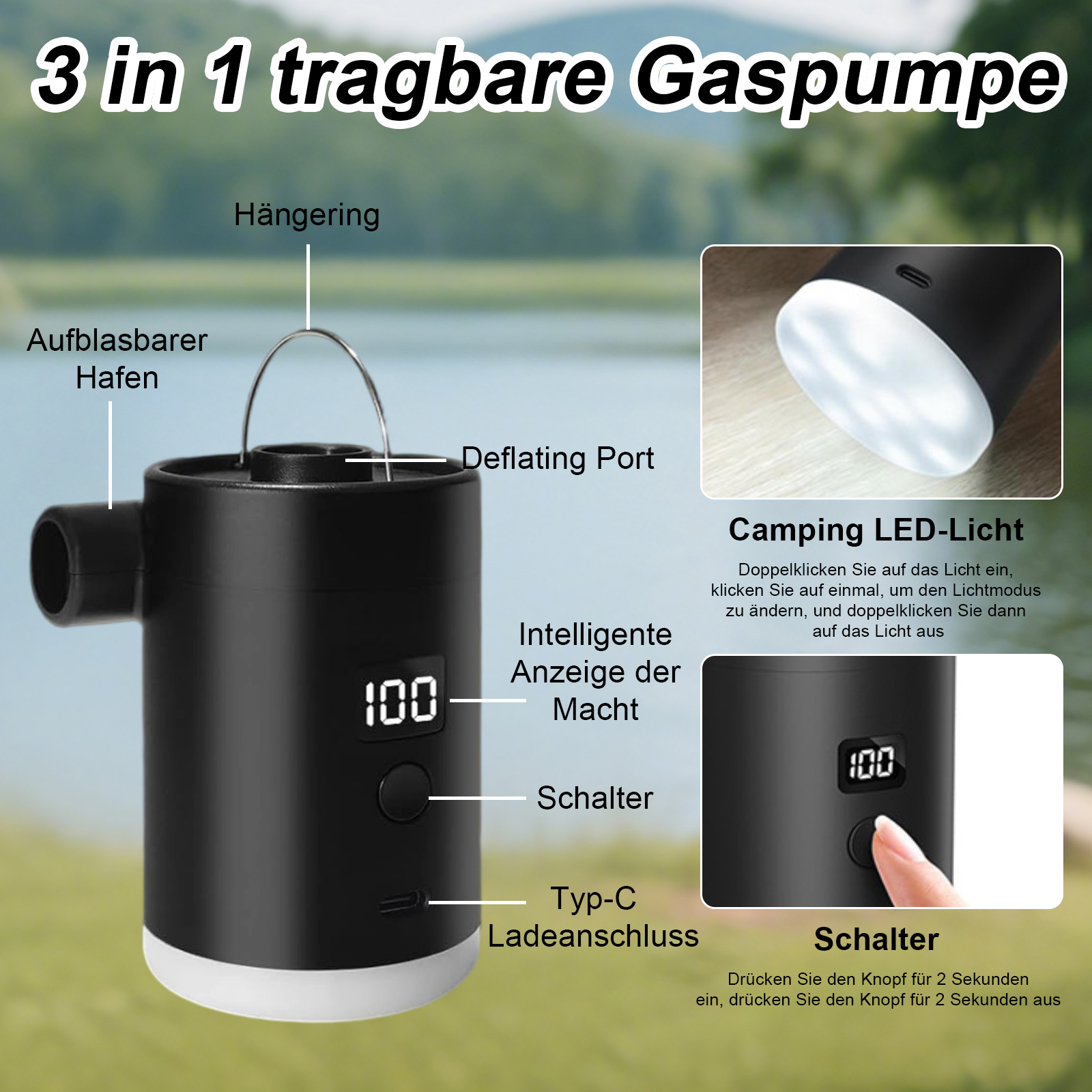 Eine schwarz-weiße tragbare Gaspumpe mit Text und einer Hand, die auf den Schalter zeigt. Merkmale sind gezeigt.