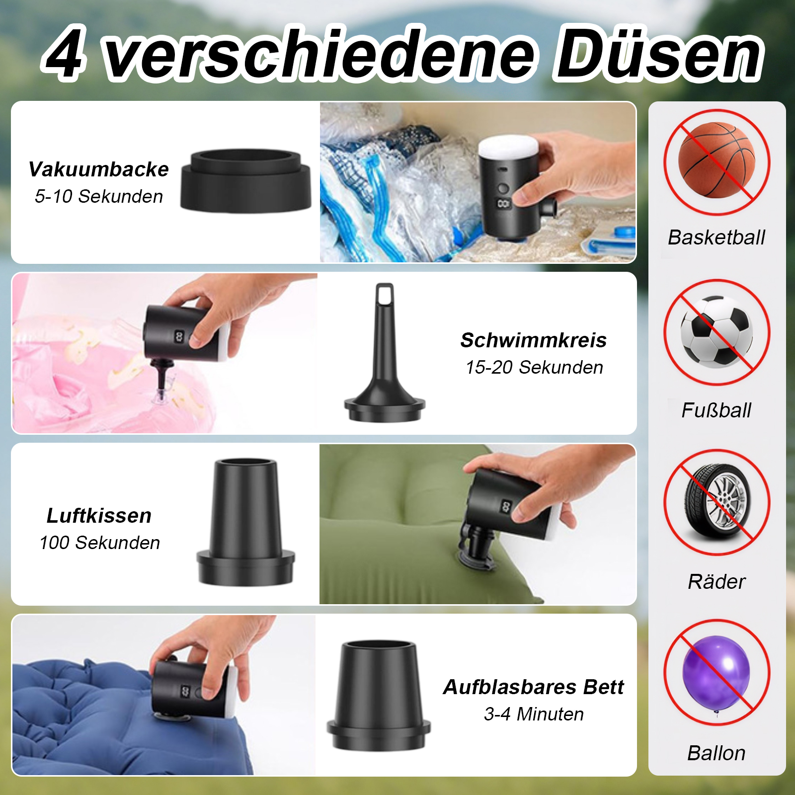 Bilder zeigen verschiedene Düsen und deren Verwendung mit einer tragbaren Pumpe. Basketball, Fußball, Reifen und Ballon.