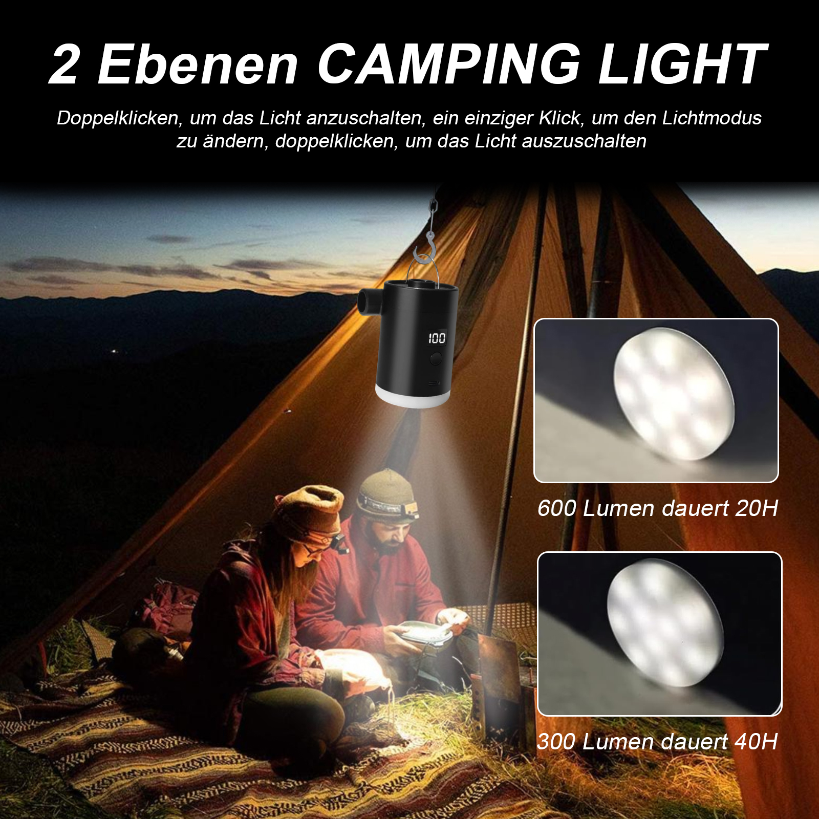 Zwei Personen in einem Zelt, beleuchtet von Licht. Ein schwarzes Gerät hängt oben. Informationen zur Leuchtdauer werden angezeigt.