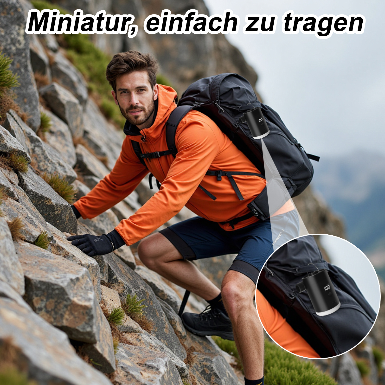 Ein Mann klettert eine Felswand hinauf. Er trägt eine orangefarbene Jacke und einen Rucksack.
