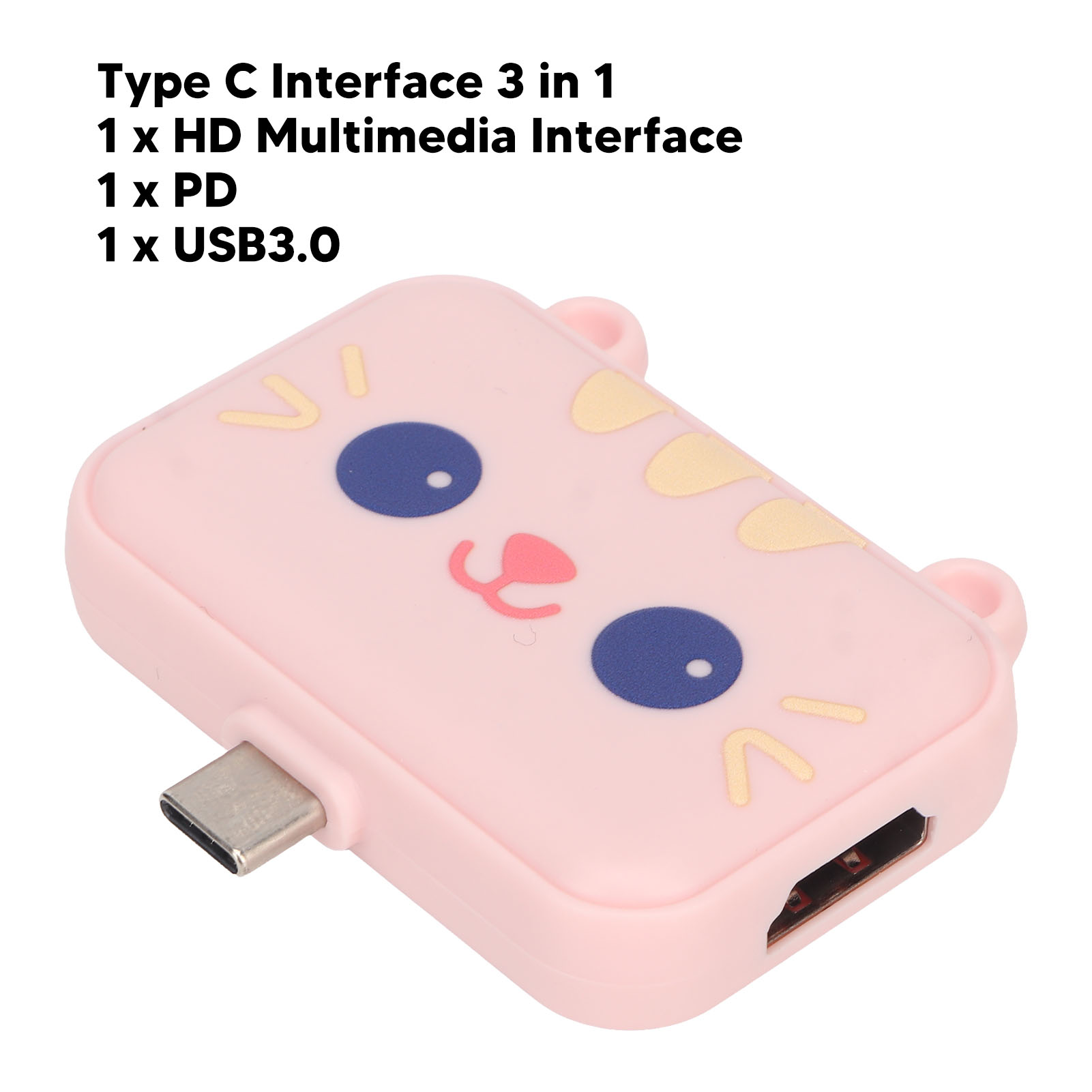 Ein rosa, katzenförmiger Adapter mit USB-C-Anschluss. Es hat blaue Augen und gelbe Markierungen. Weißer Hintergrund und Text.