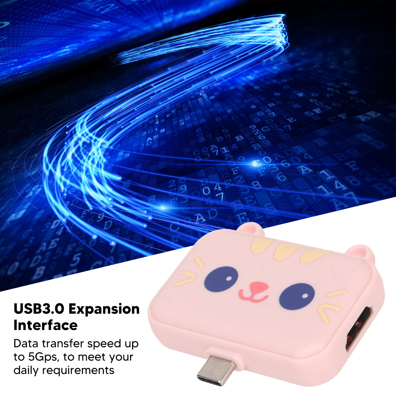 Ein rosa, katzenförmiger Adapter mit USB-C-Anschluss. Es hat blaue Augen und gelbe Markierungen. Blaue Datenströme im Hintergrund.