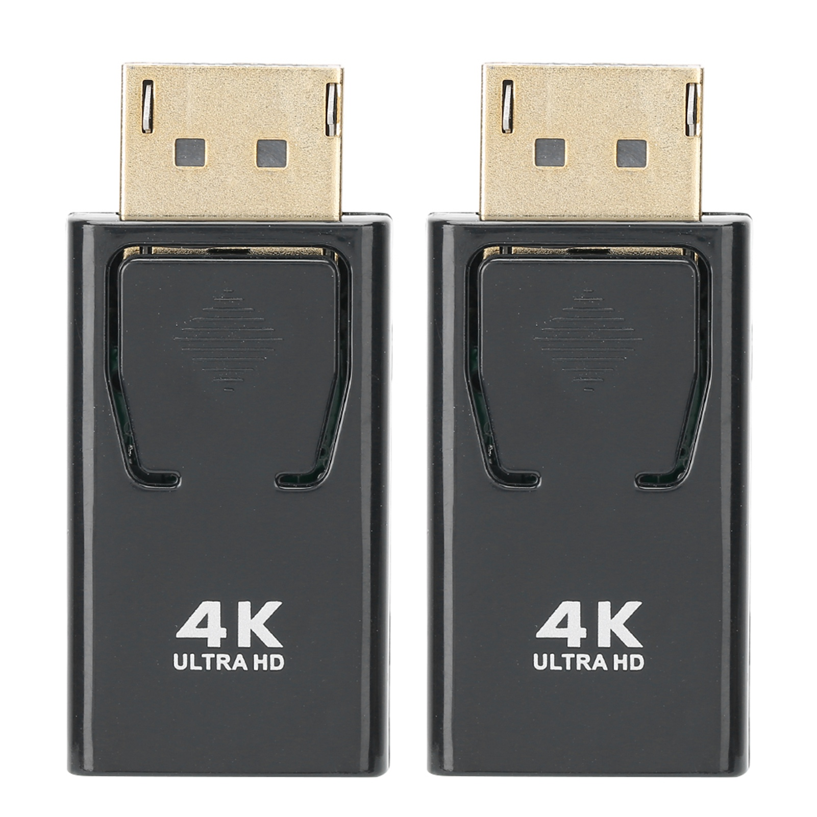 Zwei schwarze Adapter mit goldfarbenen Steckern. Auf jedem Adapter steht der Text '4K ULTRA HD'. Weißer Hintergrund.
