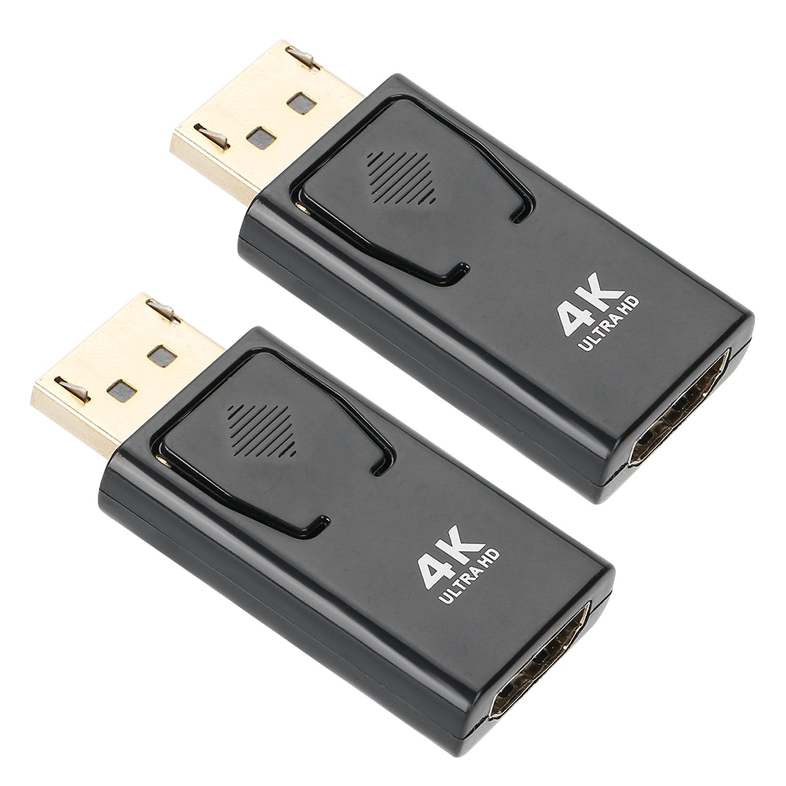 Zwei schwarze Adapter mit goldfarbenen Steckern. Auf jedem Adapter steht der Text '4K ULTRA HD'. Weißer Hintergrund.