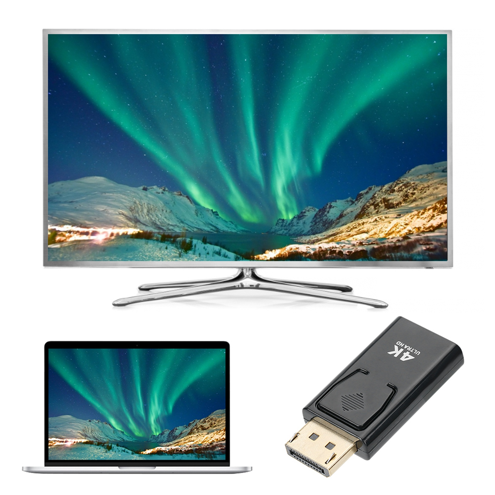 Ein Laptop und ein Monitor mit Nordlichtern, mit einem schwarzen Adapter davor. Im Hintergrund ein See und Berge.