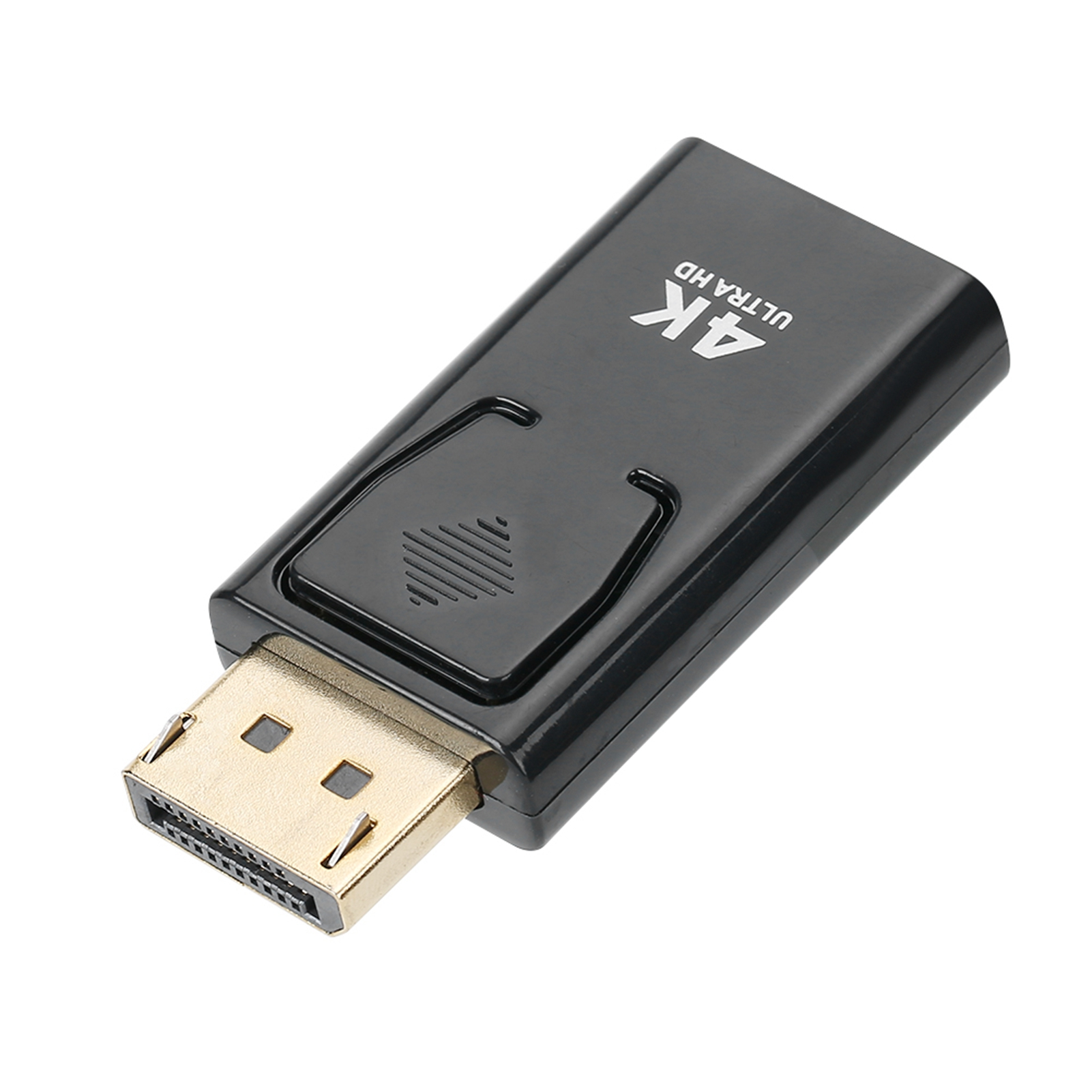Ein schwarzer Adapter mit goldfarbenem Stecker. Auf dem Adapter steht der Text '4K ULTRA HD'. Weißer Hintergrund.