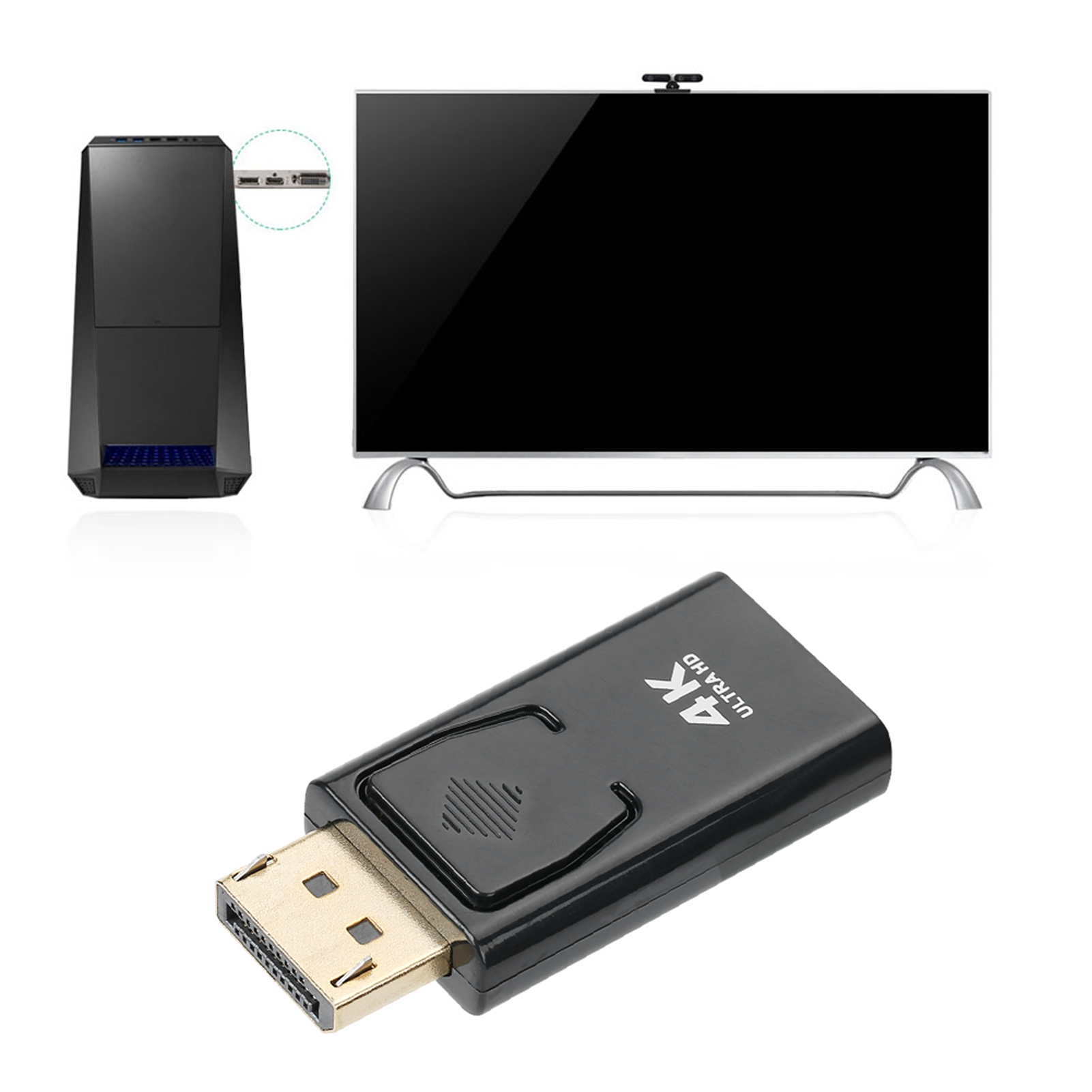 Schwarzer Adapter mit DisplayPort- und HDMI-Anschlüssen. Computer und Fernseher im Hintergrund.