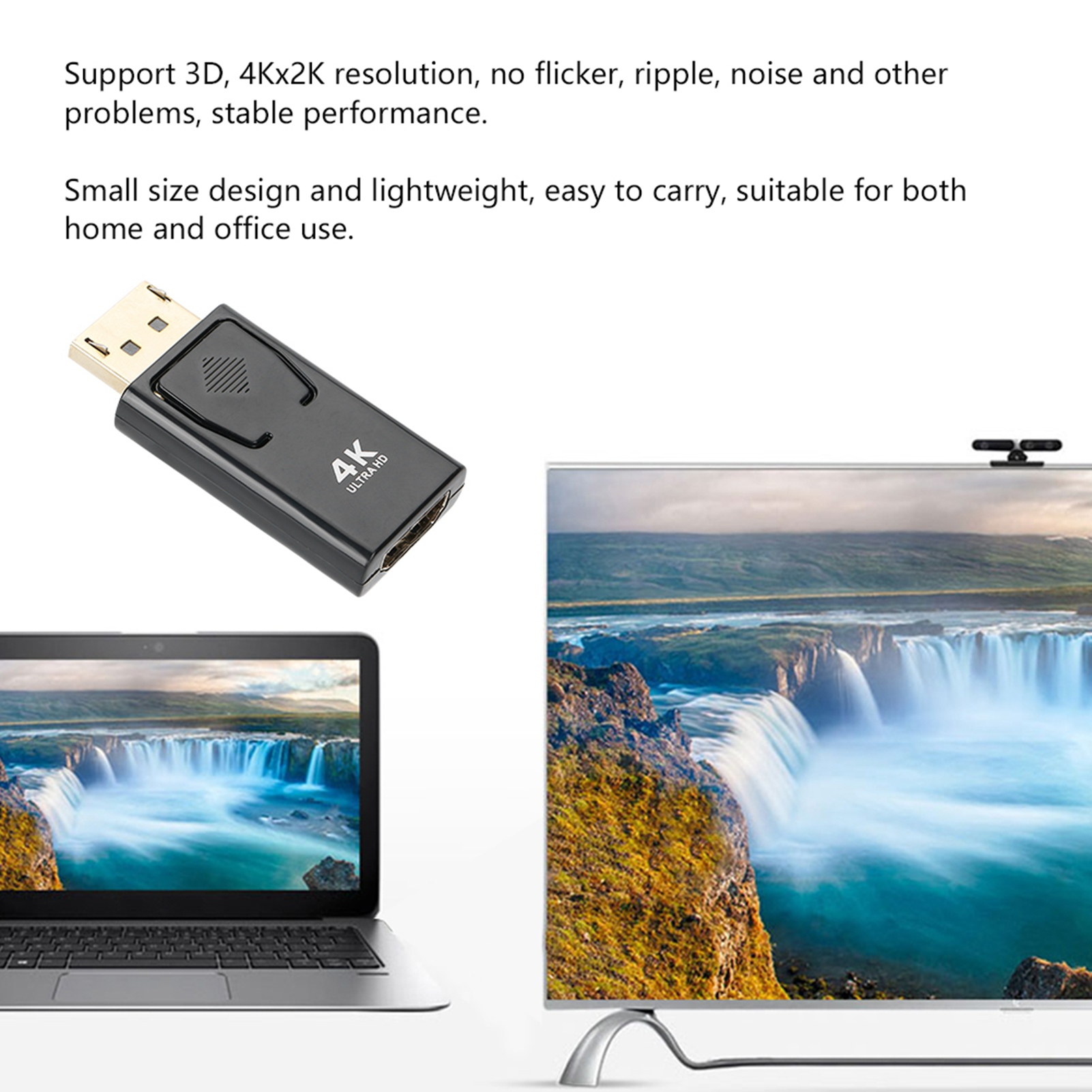 Schwarzer HDMI-Adapter, 4K Ultra HD, an Laptop und Fernseher angeschlossen, Wasserfall-Landschaft.