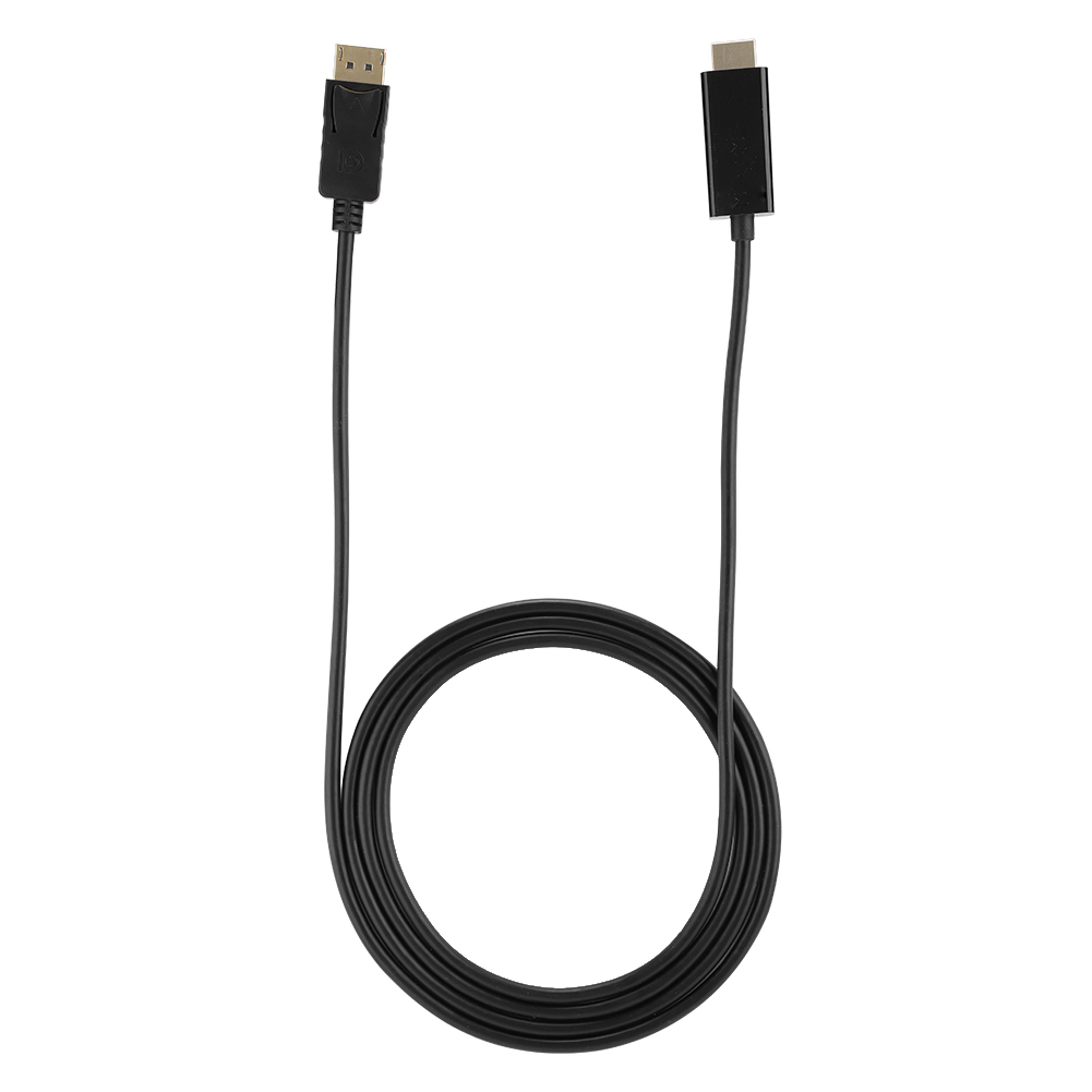 Schwarzes DisplayPort-zu-HDMI-Kabel, aufgerollt. DisplayPort-Ende links, HDMI rechts.