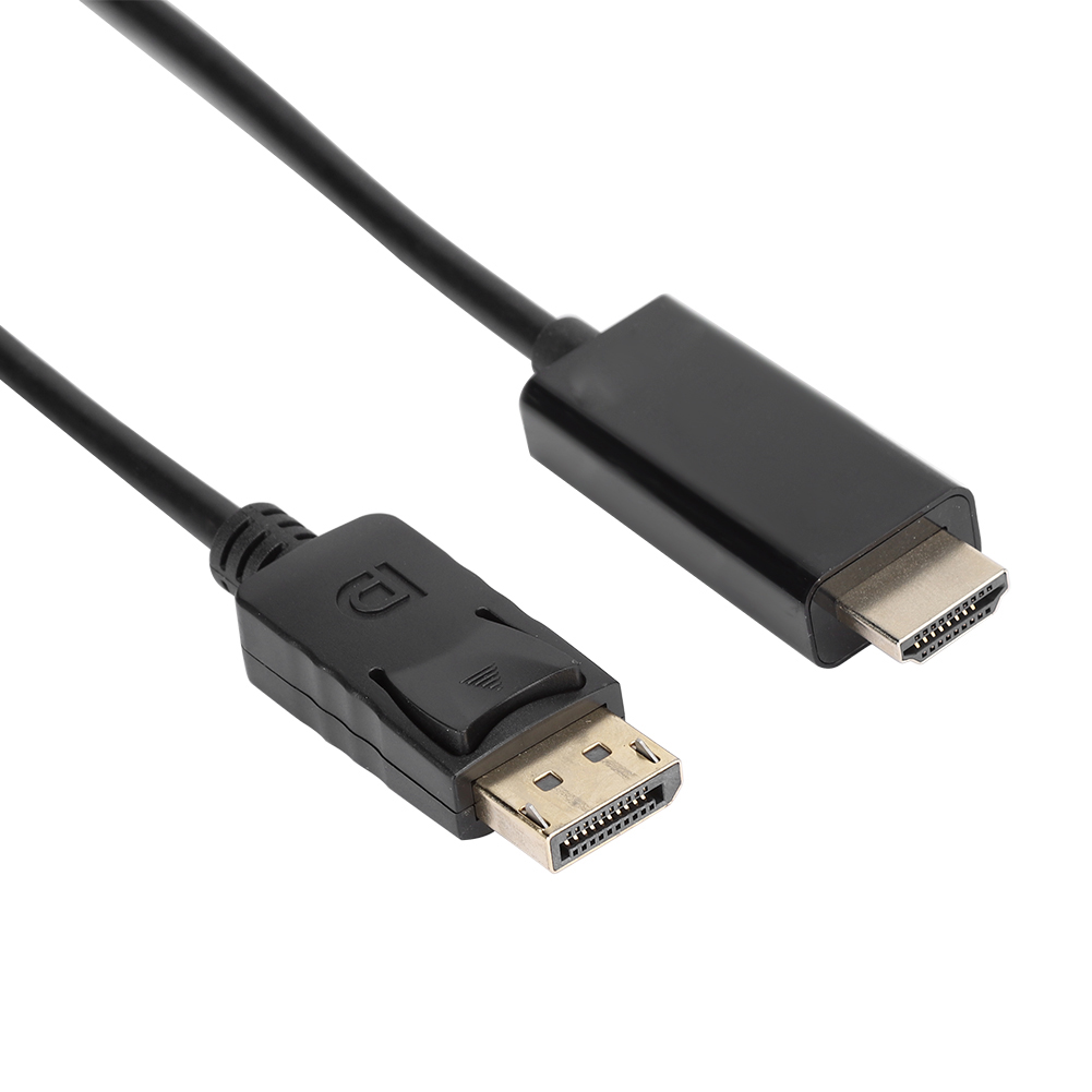 Schwarzes DisplayPort-zu-HDMI-Kabel. DisplayPort-Anschluss links, HDMI rechts. Weißer Hintergrund.