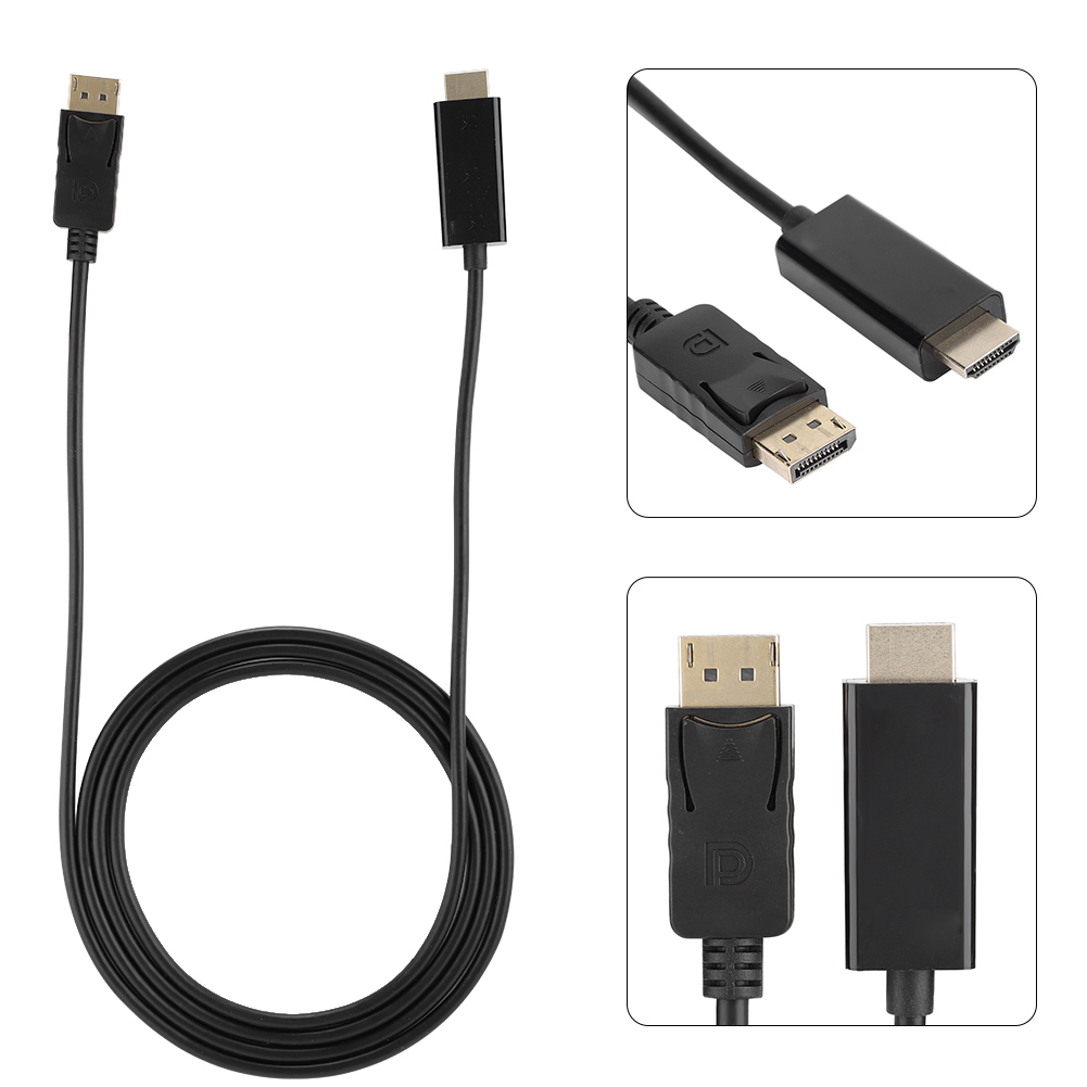 Schwarzes DisplayPort-zu-HDMI-Kabel. Anschlüsse an beiden Enden und komplettes Kabel mit weißem Hintergrund.