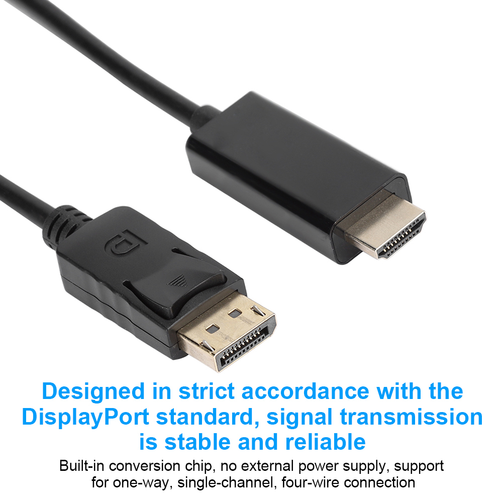 DisplayPort-zu-HDMI-Kabel. Text beschreibt den Standard und die Signalübertragung.